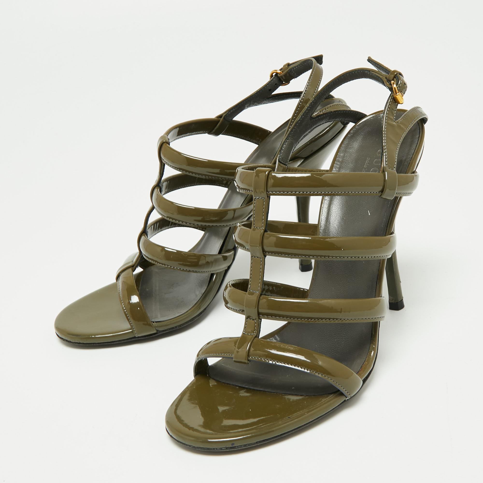 Women's Gucci Olive Green Patent Leather Ankle Strap Gladiator Sandals Size 38