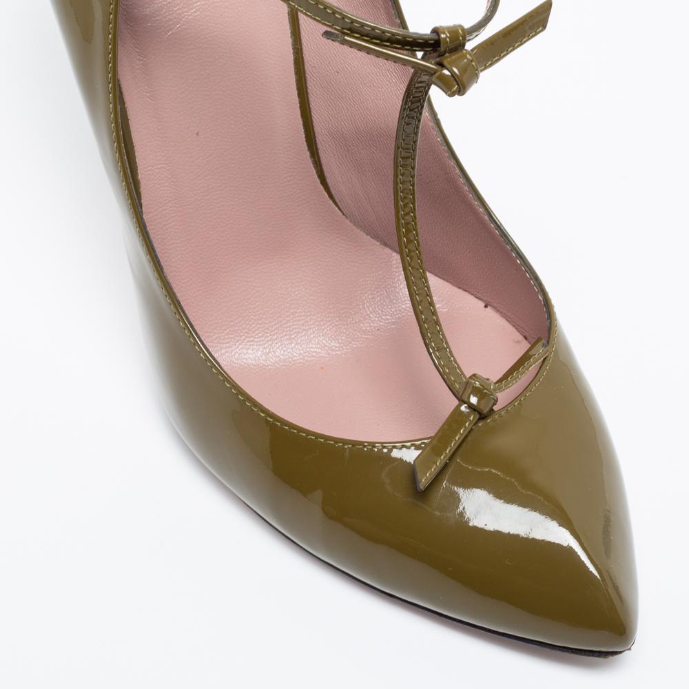 Brown Gucci Olive Green Patent Leather Bow Beverly Pumps Size 40