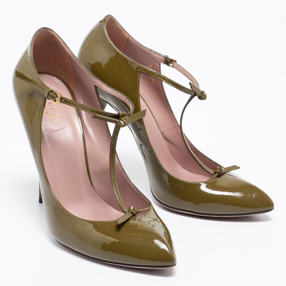 Gucci Olive Green Patent Leather Bow Beverly Pumps Size 40 In Good Condition In Dubai, Al Qouz 2