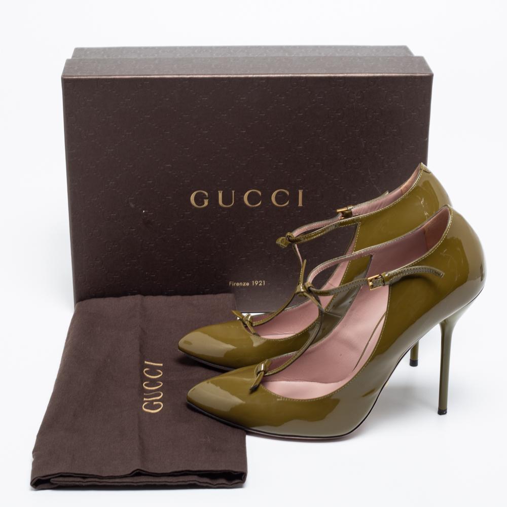 Gucci Olive Green Patent Leather Bow Beverly Pumps Size 40 4