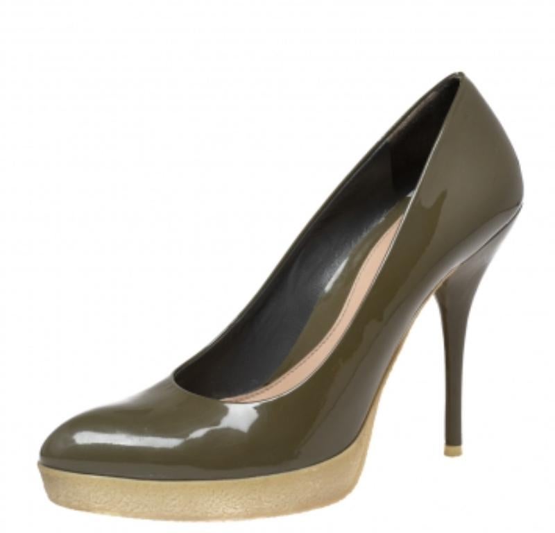 Black Gucci Olive Green Patent Leather Platform Pumps Size 38 For Sale