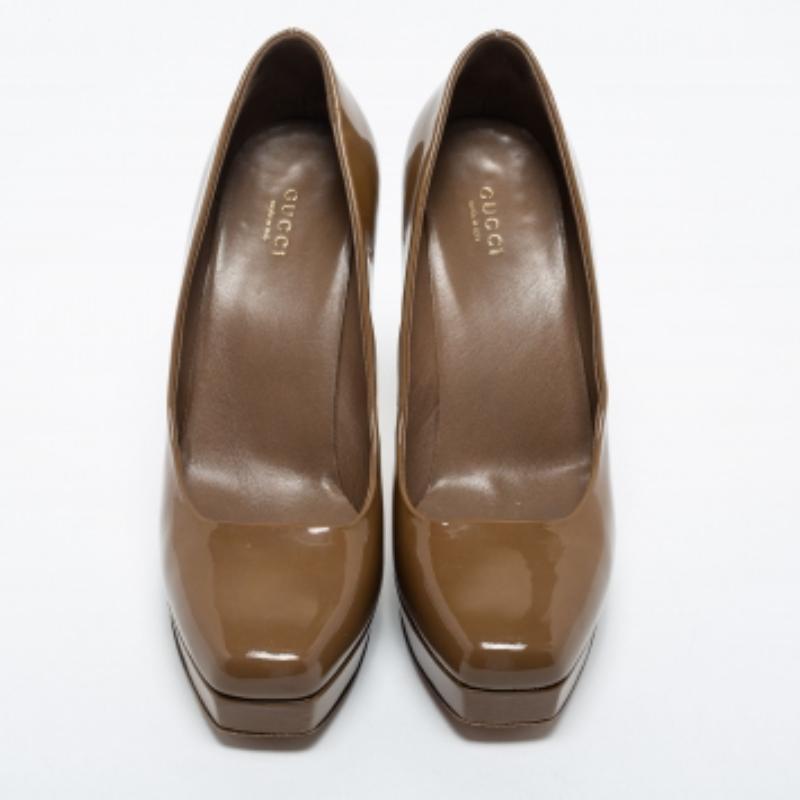 Gucci Olive Green  Patent Leather Tile Square Toe Platform Pumps Size 39 For Sale 2