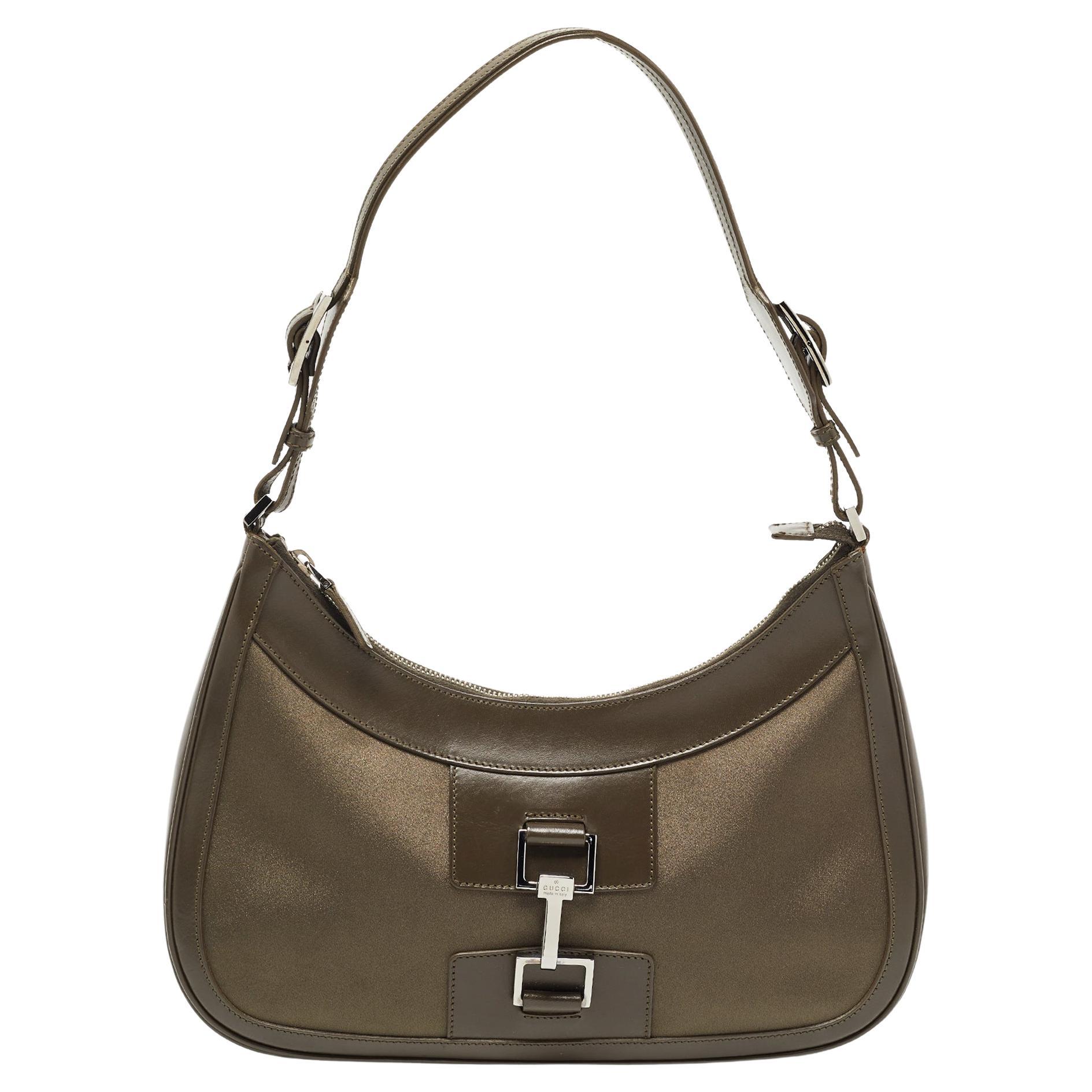 Gucci Olive Green Satin and Leather Jackie Hobo
