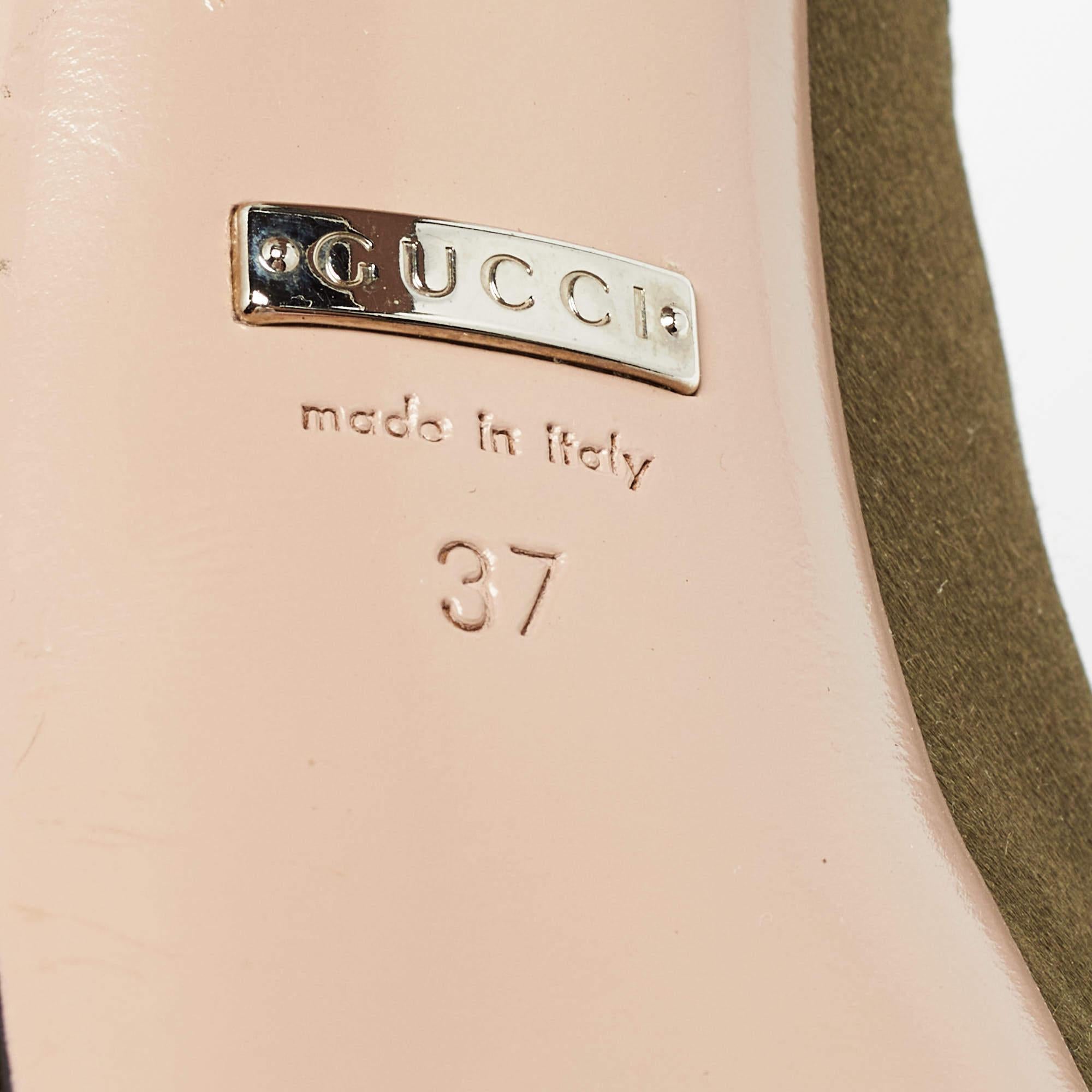 Gucci Olive Green Satin Peep Toe Platform Pumps Size 37 For Sale 3