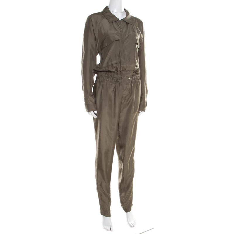 Gray Gucci Olive Green Silk Clinched Waist Tapered Jumpsuit M