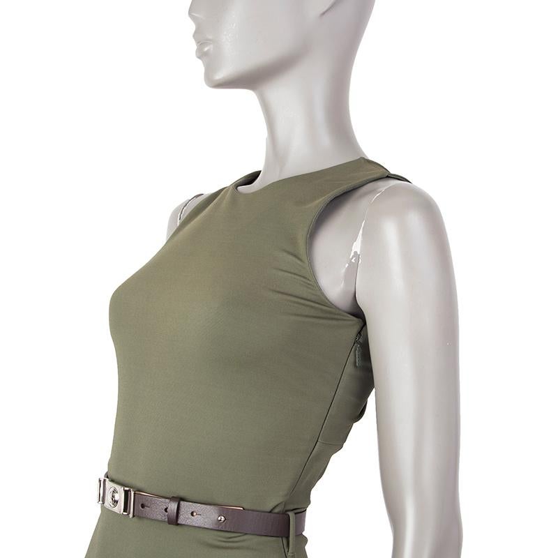 Gucci cross-back sheath dress in olive viscose (93%) and elastane (7%). With belt loops. Closes with invisible zipper on the side. Lined in olive acetate (65%) and nylon (35%). Comes with adjustable narrow waist belt in espresso leather with GG clip