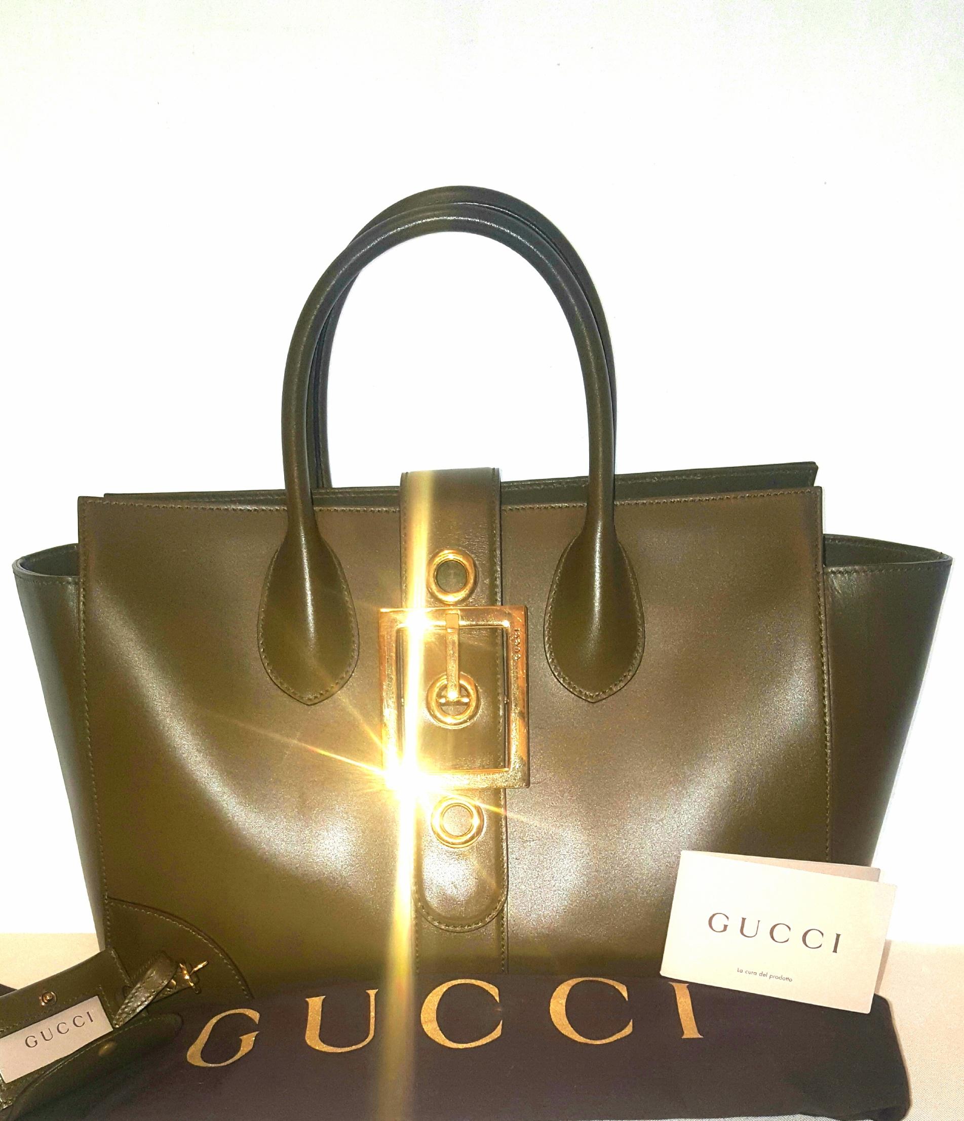 Brown Gucci Olive Swing Top Handle Gold Tone Hardware Tote