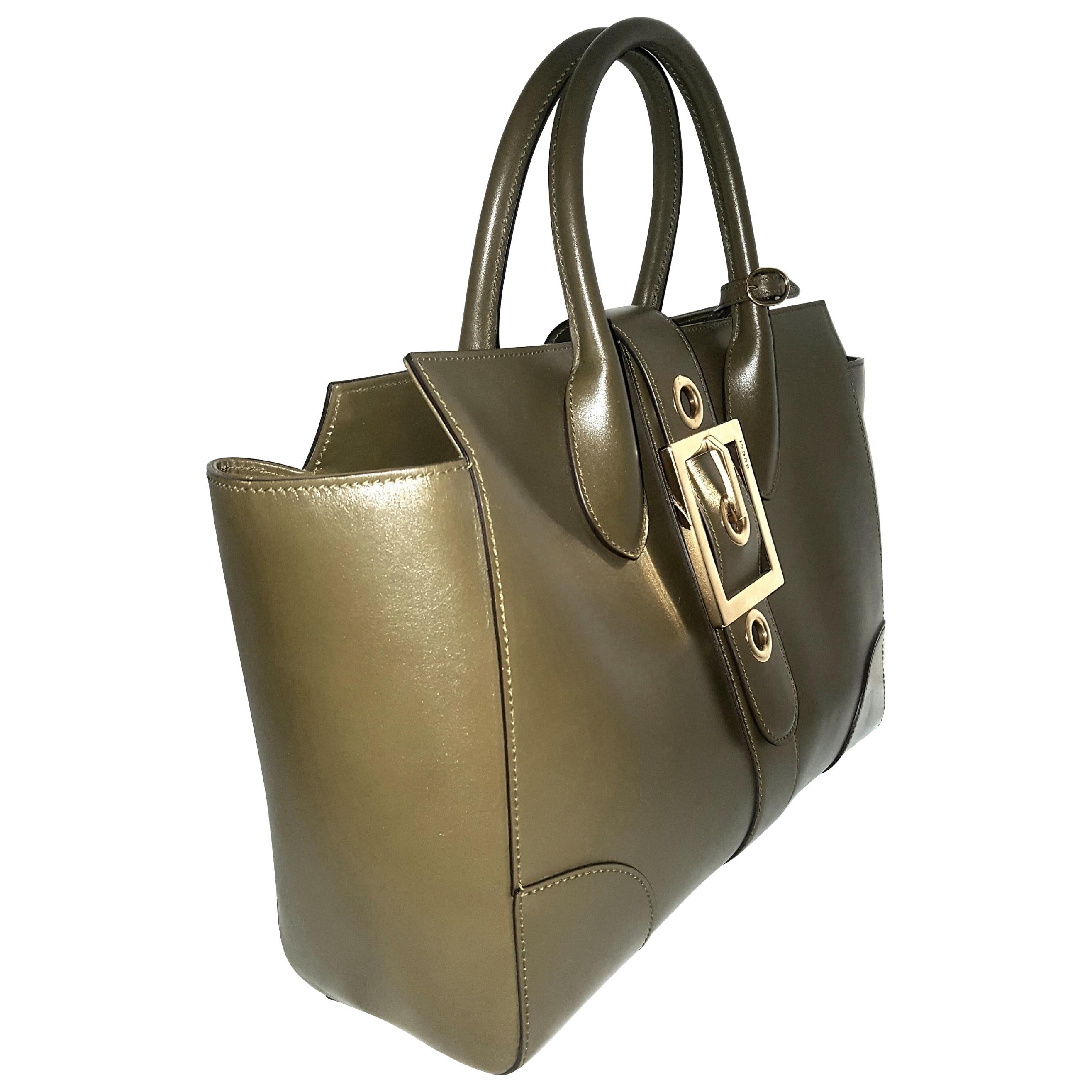 Gucci Olive Swing Top Handle Gold Tone Hardware Tote