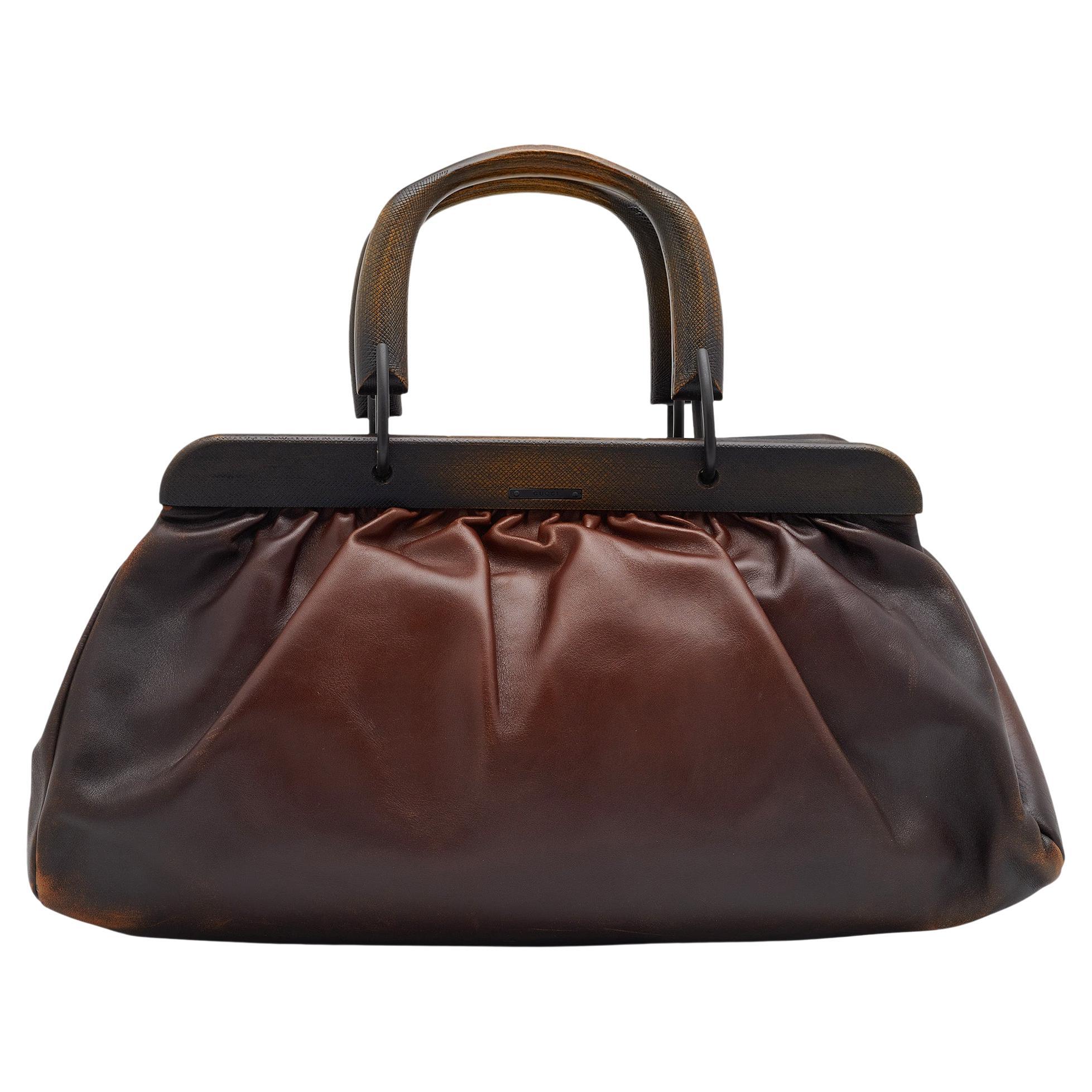 Gucci Ombre Brown Leather Wood Handle Doctor Bag