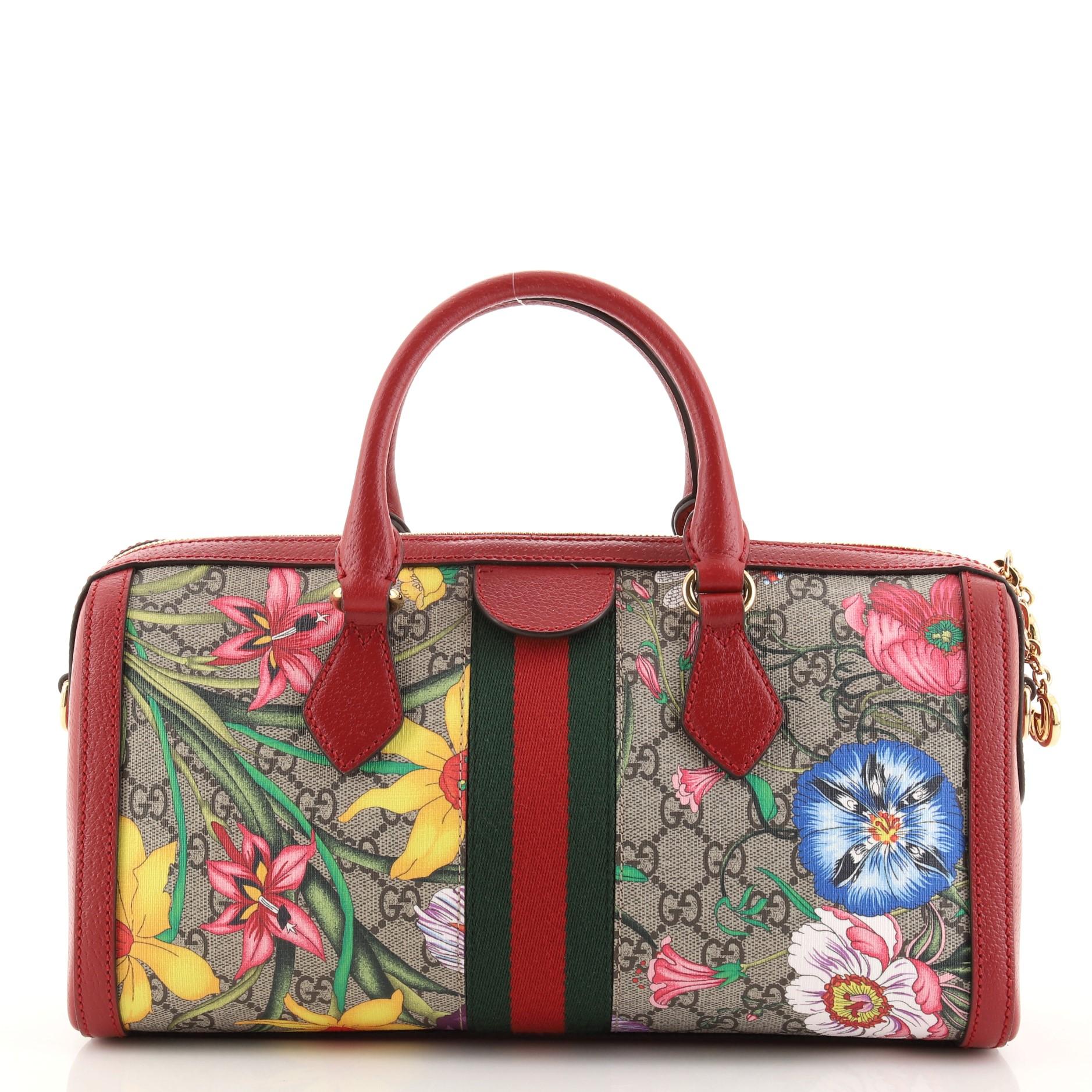 Gucci Ophidia Boston Bag Flora GG Coated Canvas Medium In Good Condition In NY, NY