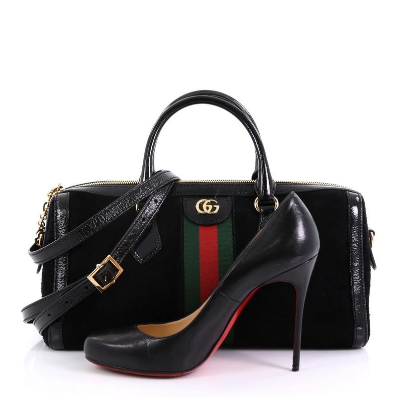 This Gucci Ophidia Boston Bag Suede Medium, crafted in black suede, features dual rolled handles, web detailing and gold-tone hardware. Its zip closure opens to a pale pink microfiber interior with zip and slip pockets. **Note: Shoe photographed is