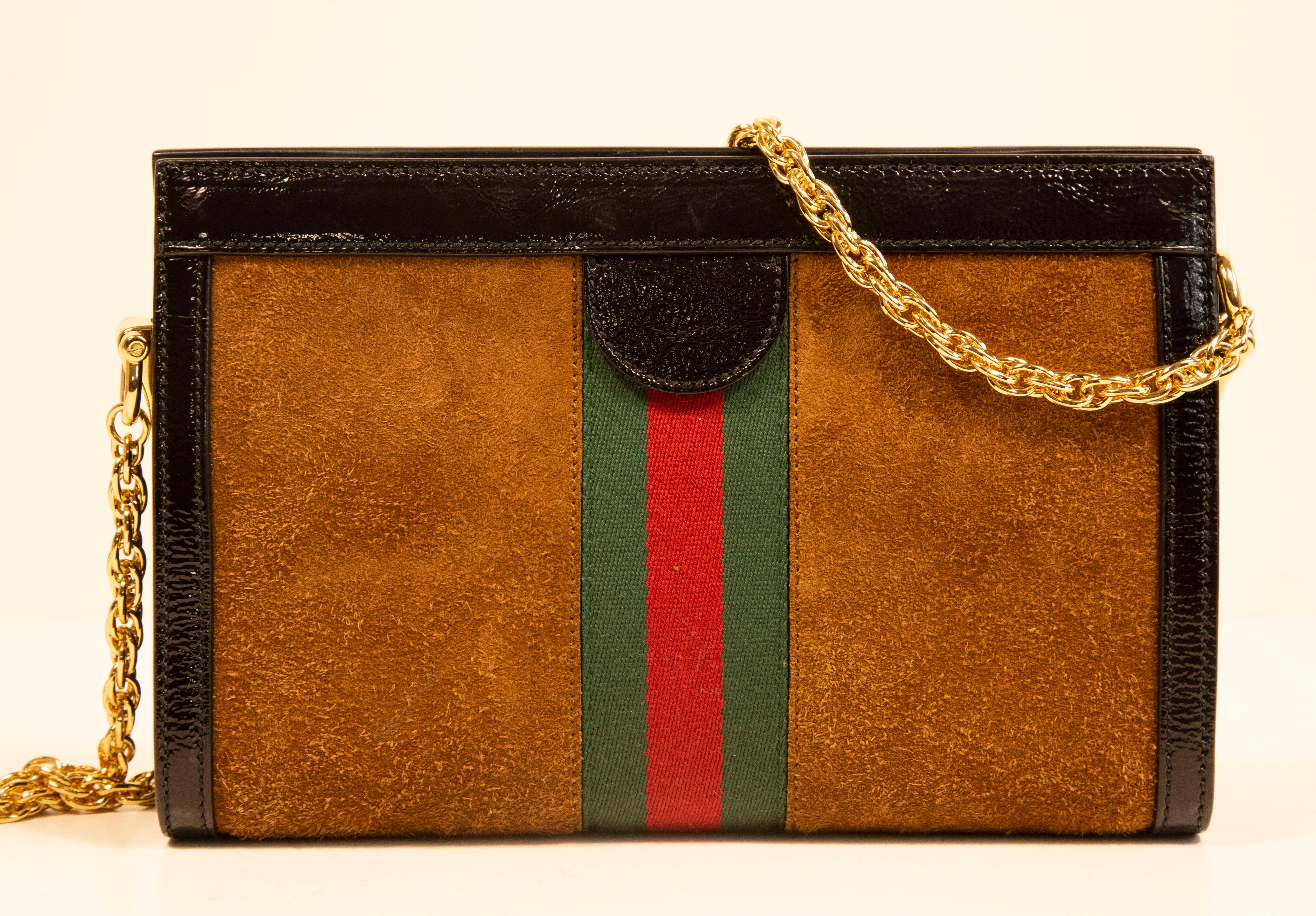 Gucci Ophidia Chain Shoulder Bag in Brown Suede  In Excellent Condition For Sale In Arnhem, NL