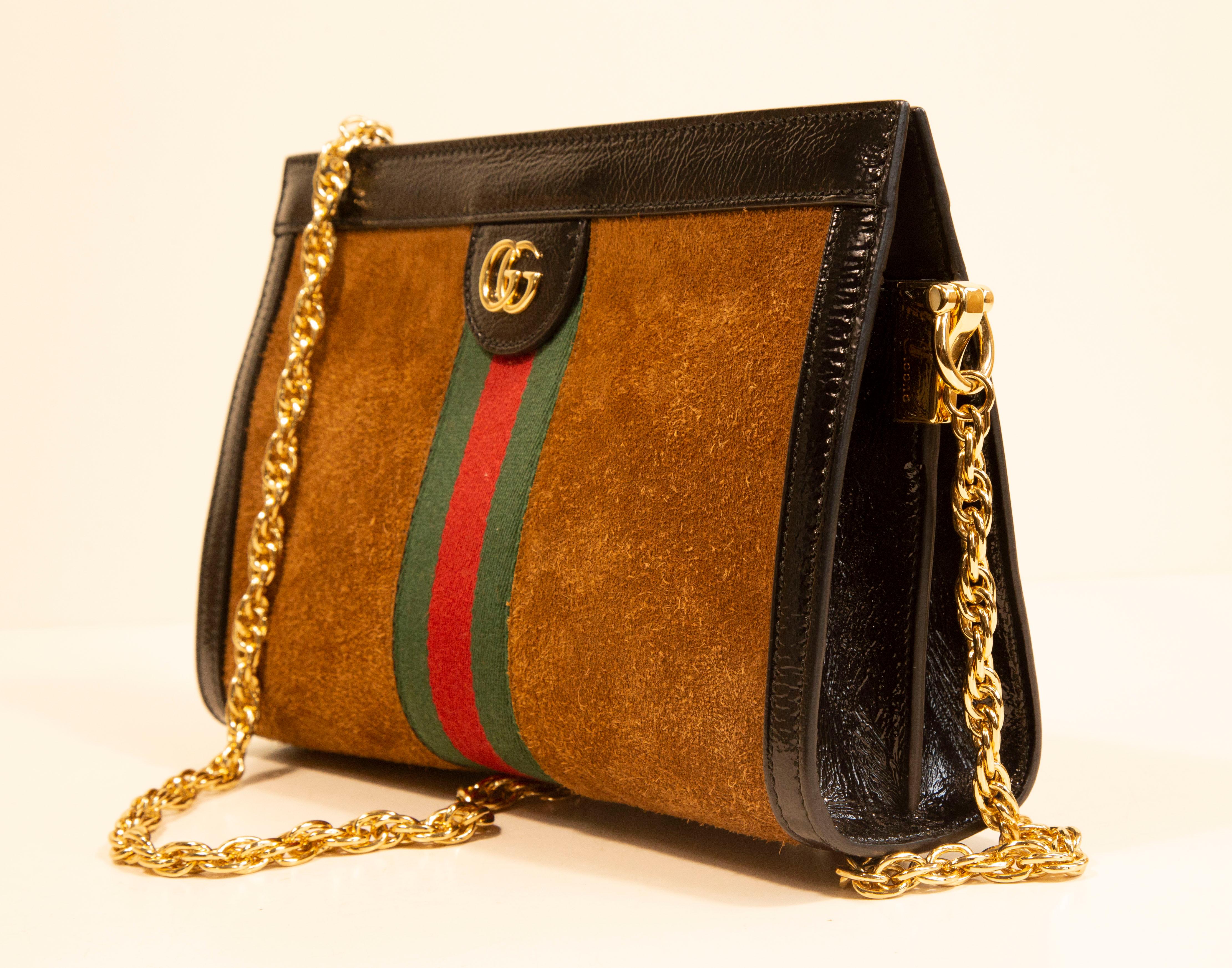 Gucci Ophidia Chain Shoulder Bag in Brown Suede  For Sale 1