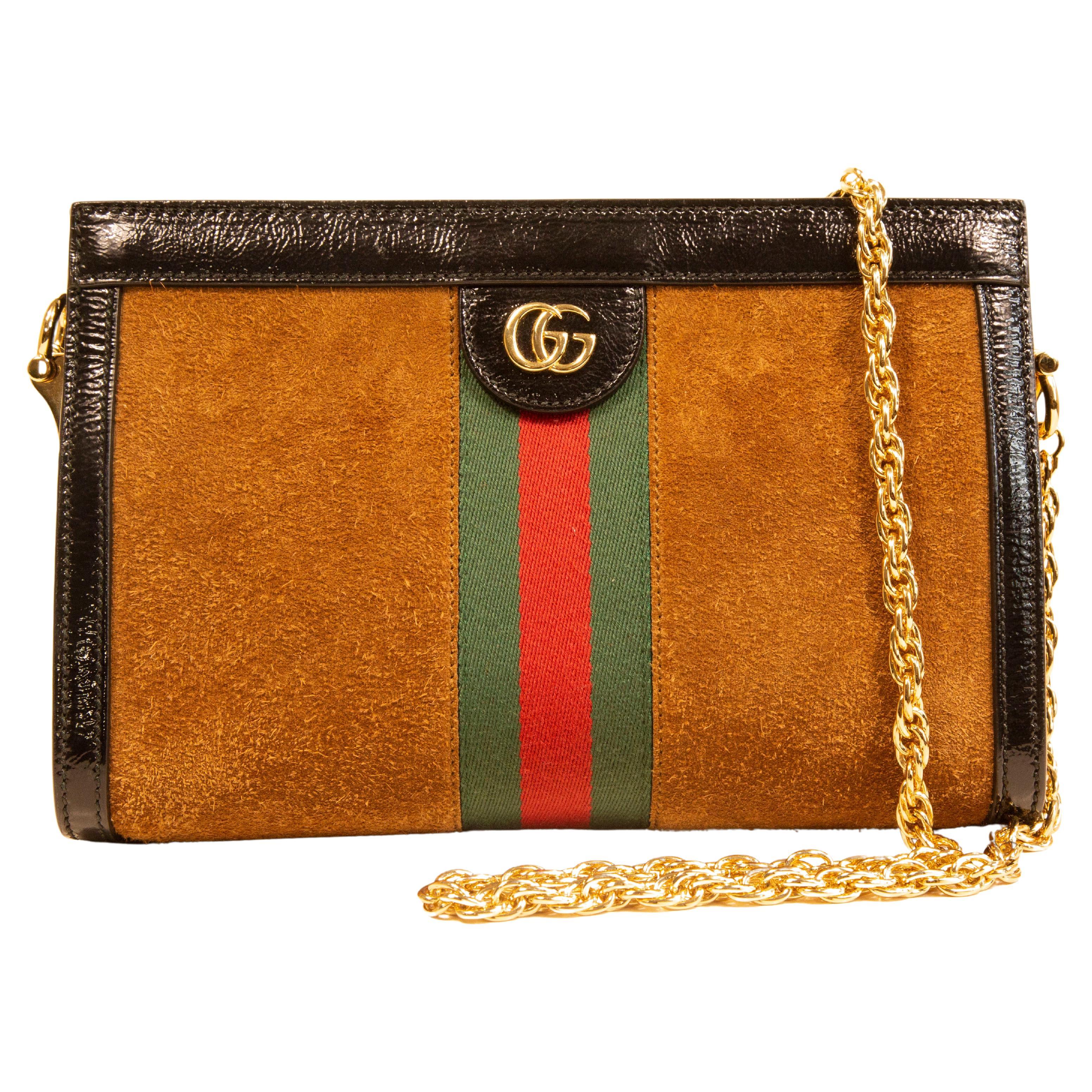 Gucci Ophidia Chain Shoulder Bag in Brown Suede  For Sale