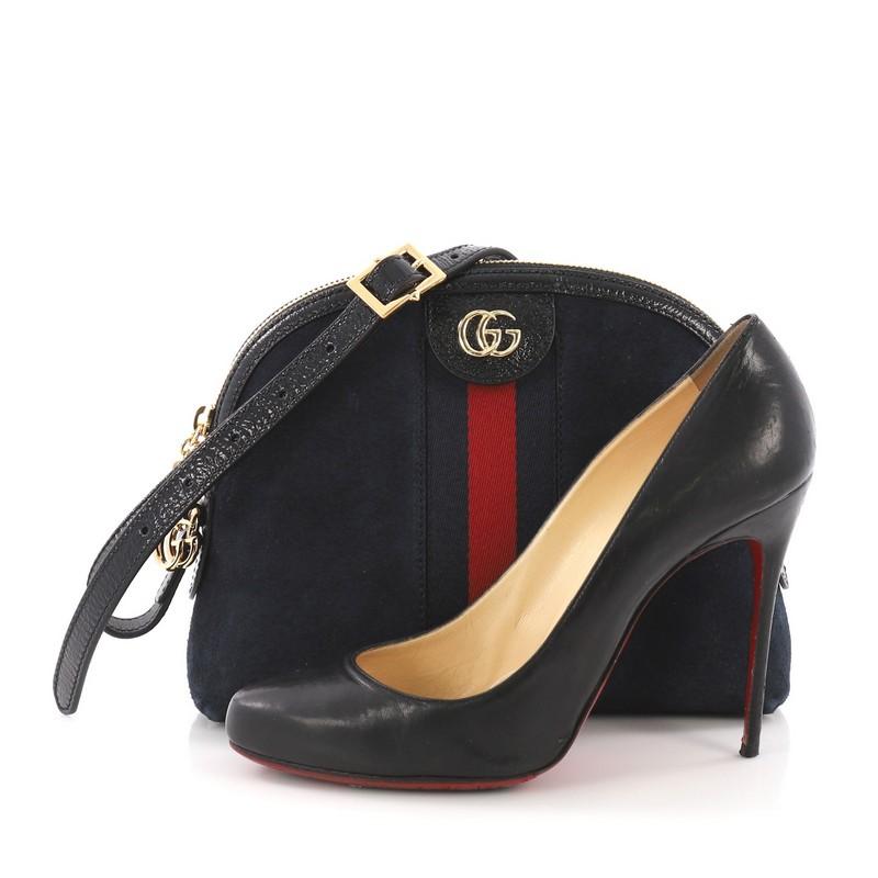 This Gucci Ophidia Dome Shoulder Bag Suede Small, crafted in navy suede, features inlaid web stripe detail, leather shoulder strap, and gold-tone hardware. Its zip closure opens to a turquoise satin interior with side slip pockets. **Note: Shoe