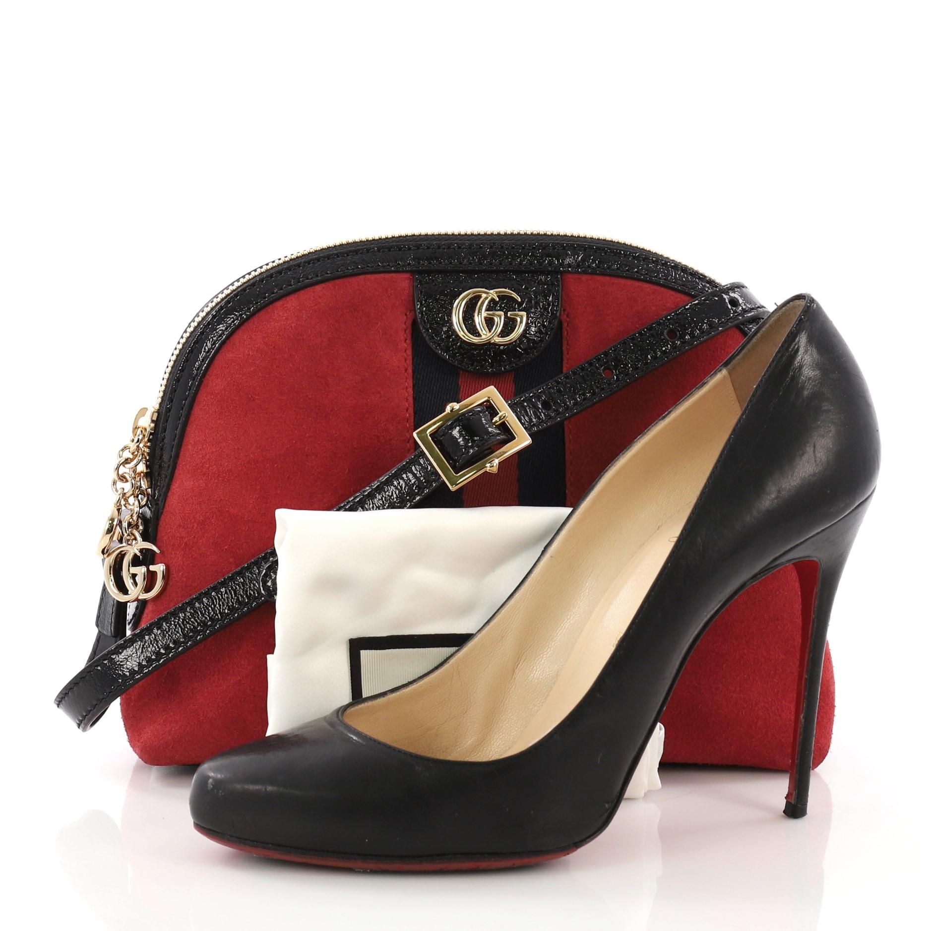 This Gucci Ophidia Dome Shoulder Bag Suede Small, crafted in red suede, features inlaid web stripe detail, leather shoulder strap, and gold-tone hardware. Its zip closure opens to a turquoise satin interior with side slip pockets. **Note: Shoe