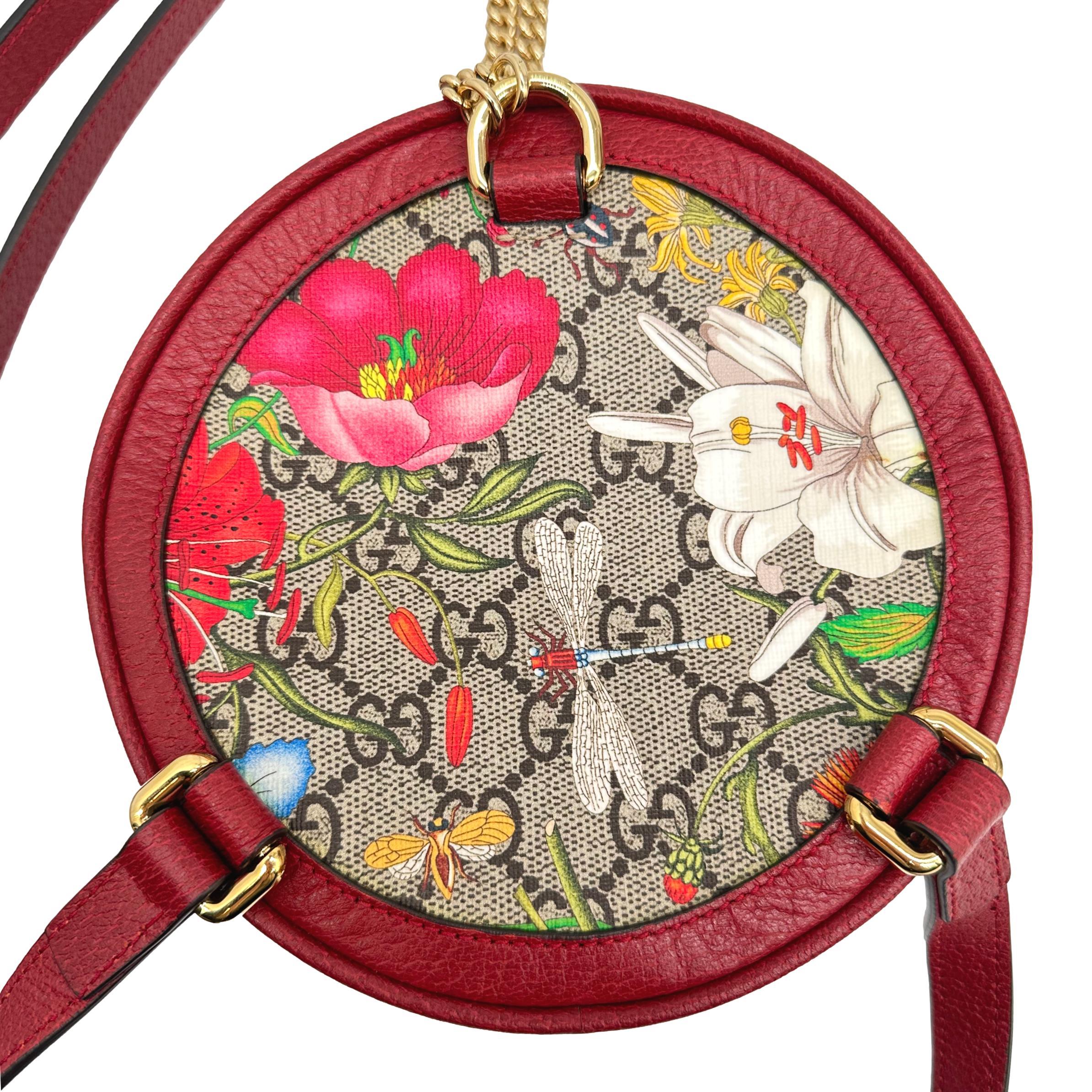 Red Gucci Ophidia Flora Motif GG Pattern Mini Round Leather Backpack, Cruise 2020. For Sale