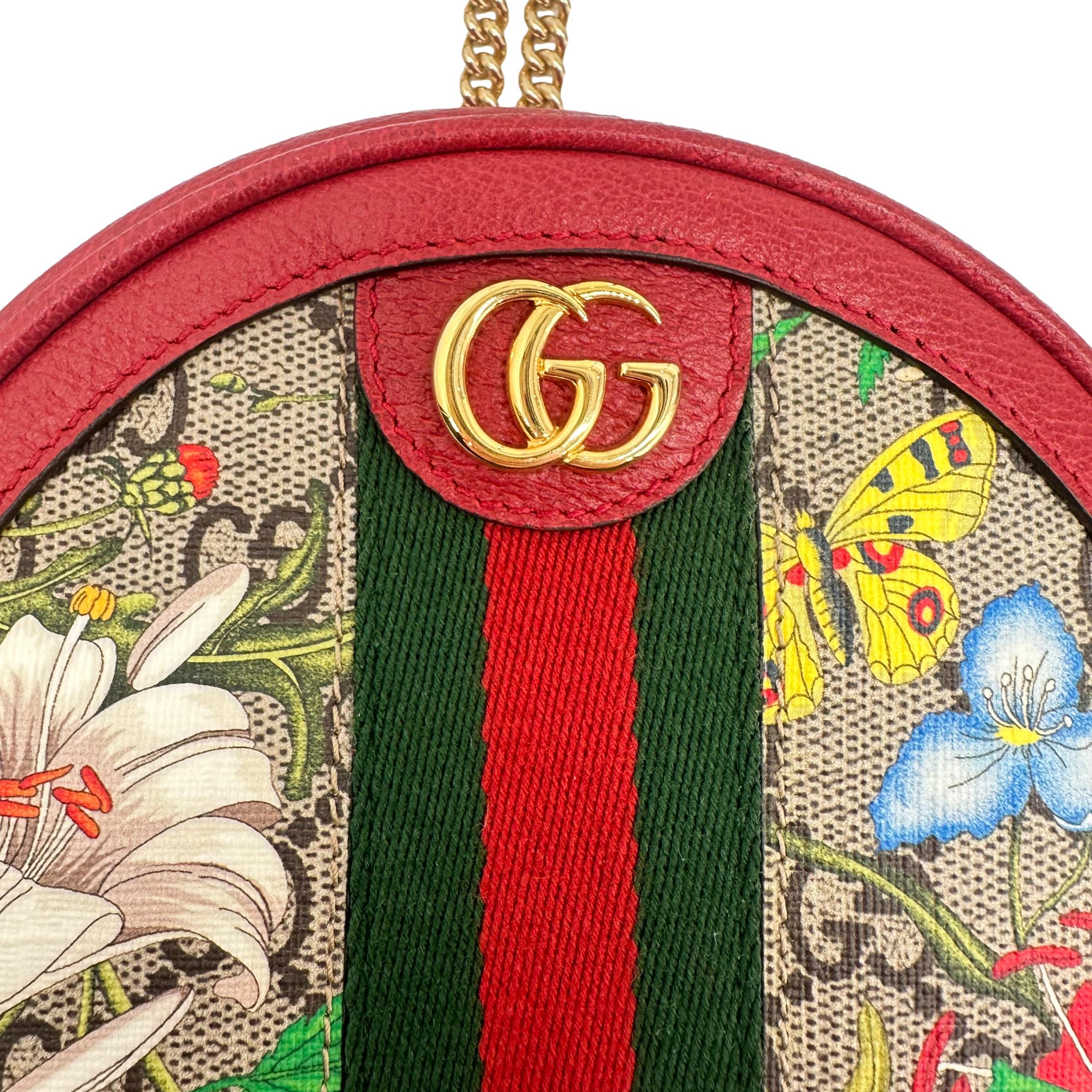 Gucci Ophidia Flora Motif GG Pattern Mini Round Leather Backpack, Cruise 2020. In Excellent Condition For Sale In Banner Elk, NC