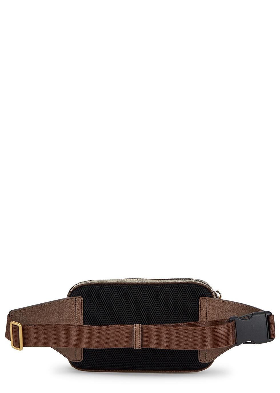 Gucci Ophidia GG Monogram Leather Belt Bag

- Beige/ebony soft GG 
- Supreme with brown leather trim
- Green and red Web
Antique gold-toned hardware Double G
- Mesh back
- Front zipper pocket
- Interior zip pocket and open pockets
- Adjustable nylon