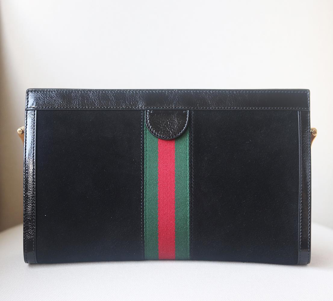 Gucci Ophidia Patent Leather-Trimmed Suede Shoulder Bag In Excellent Condition In London, GB