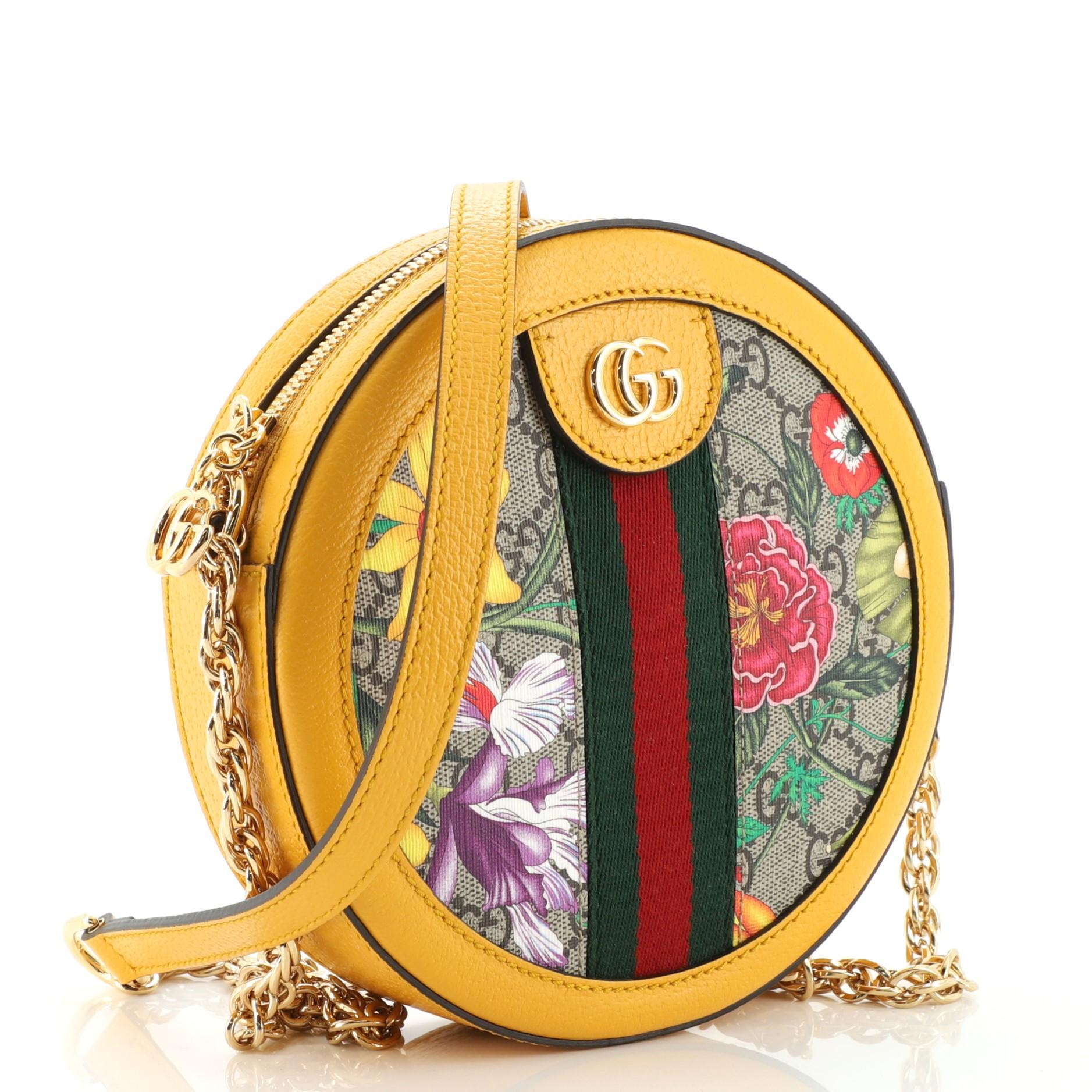 Gucci Ophidia Runde Umhängetasche Flora GG aus beschichtetem Segeltuch Mini (Beige)