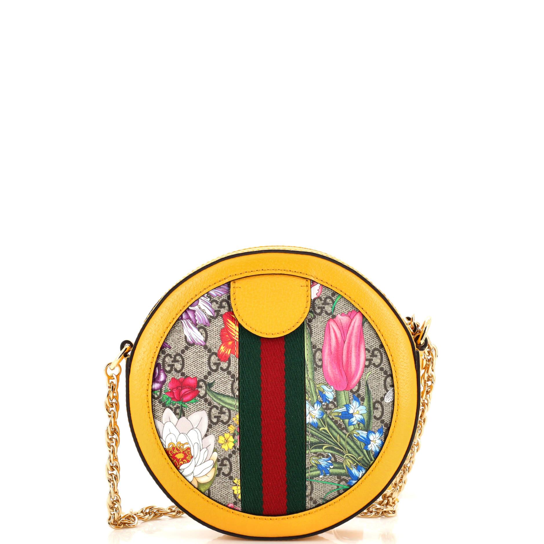 Gucci Ophidia Round Shoulder Bag Flora GG Coated Canvas Mini In Good Condition In NY, NY