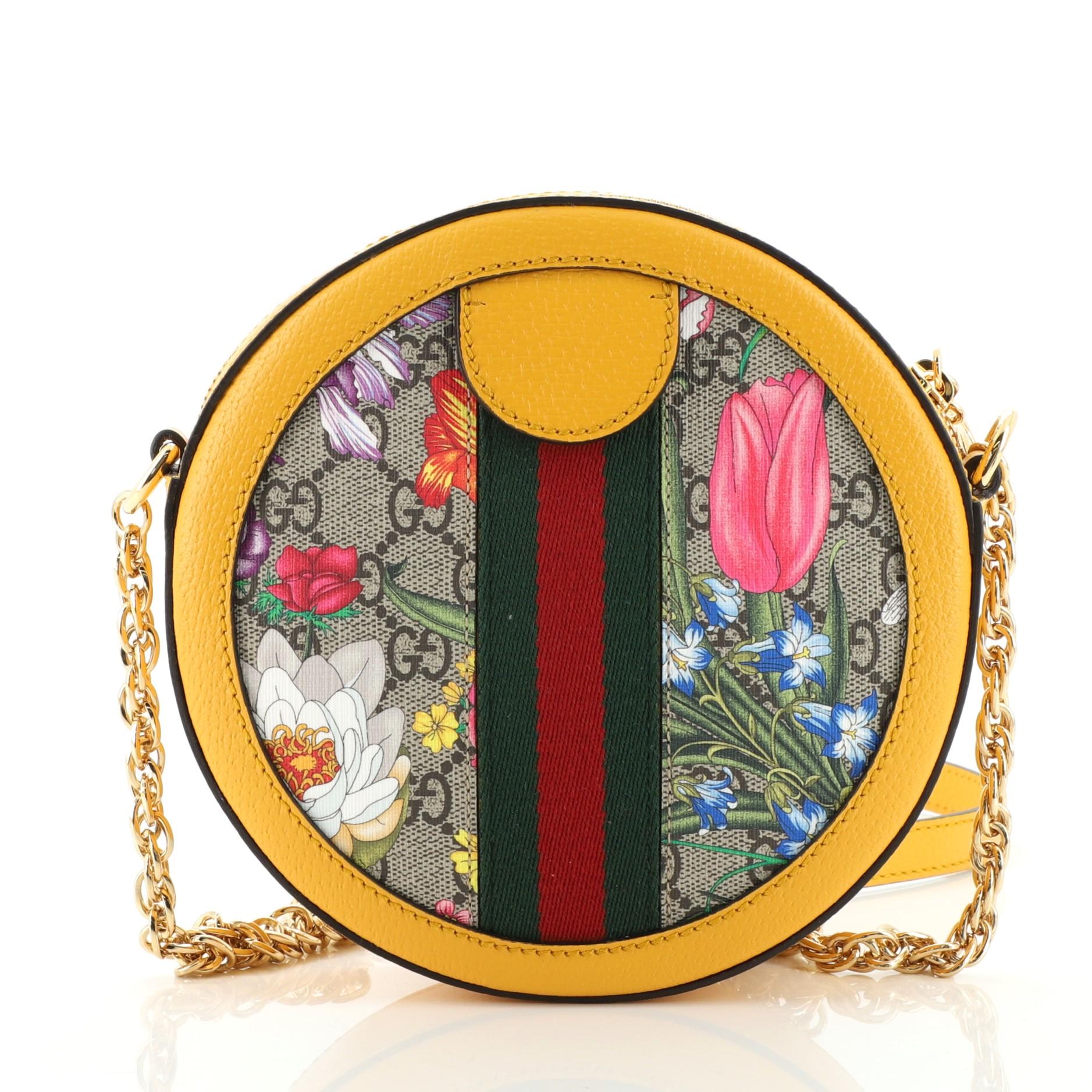 Gucci Ophidia Runde Umhängetasche Flora GG aus beschichtetem Segeltuch Mini im Zustand „Gut“ in NY, NY
