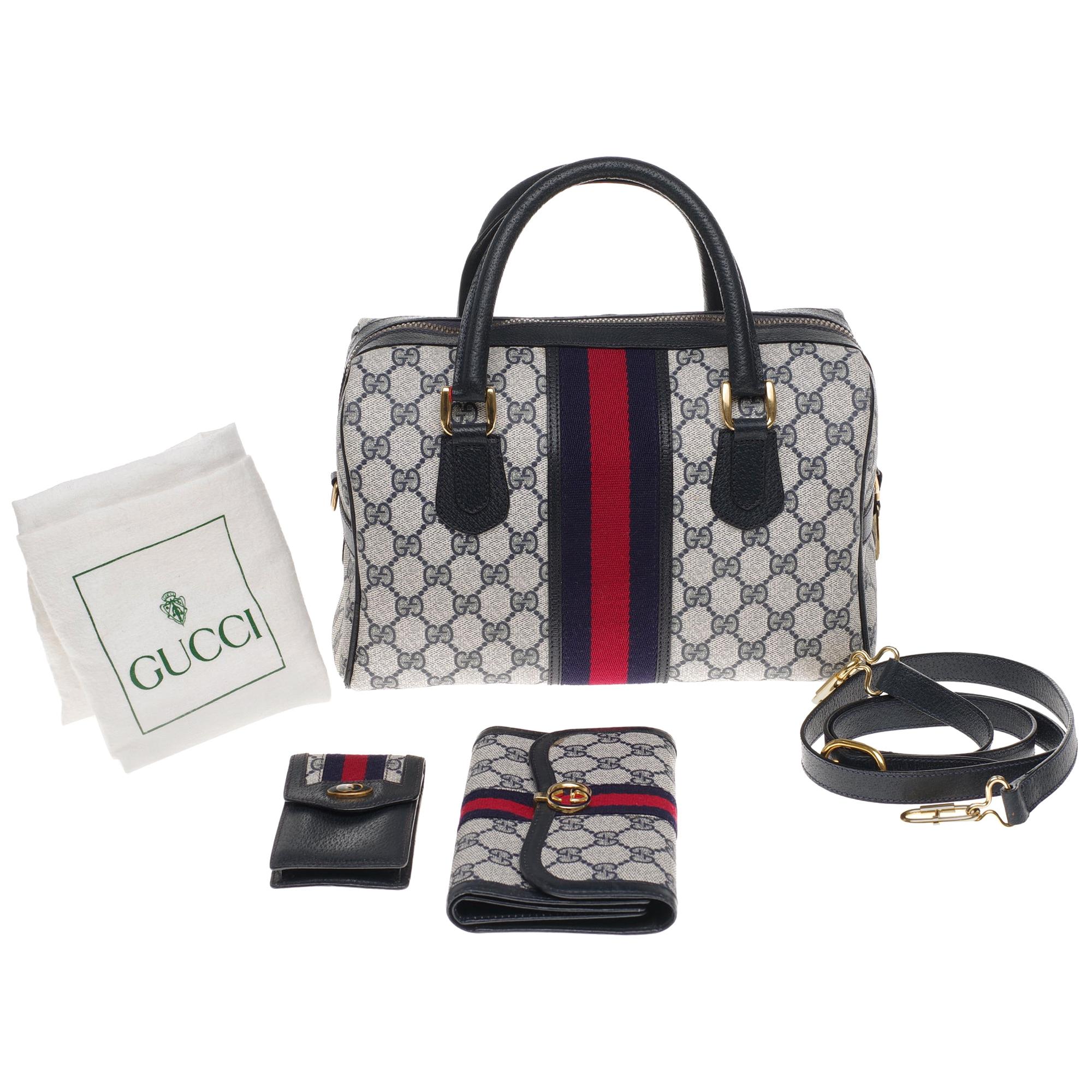 Gucci Ophidia set: Shoulder bag, wallet, cigarette holder in navy blue canvas