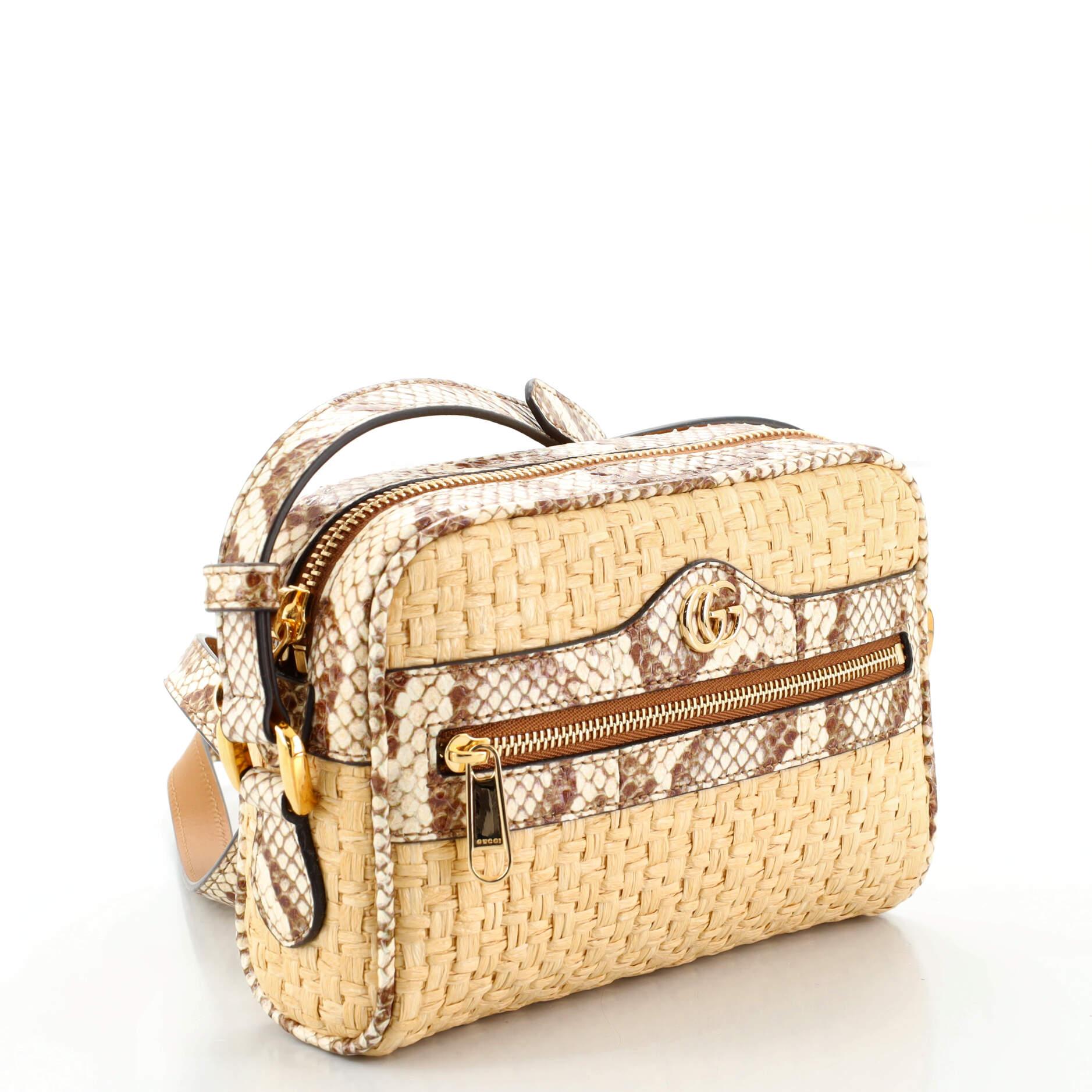 Gucci Ophidia Umhängetasche Raffia mit Schlangenhaut Mini (Beige)