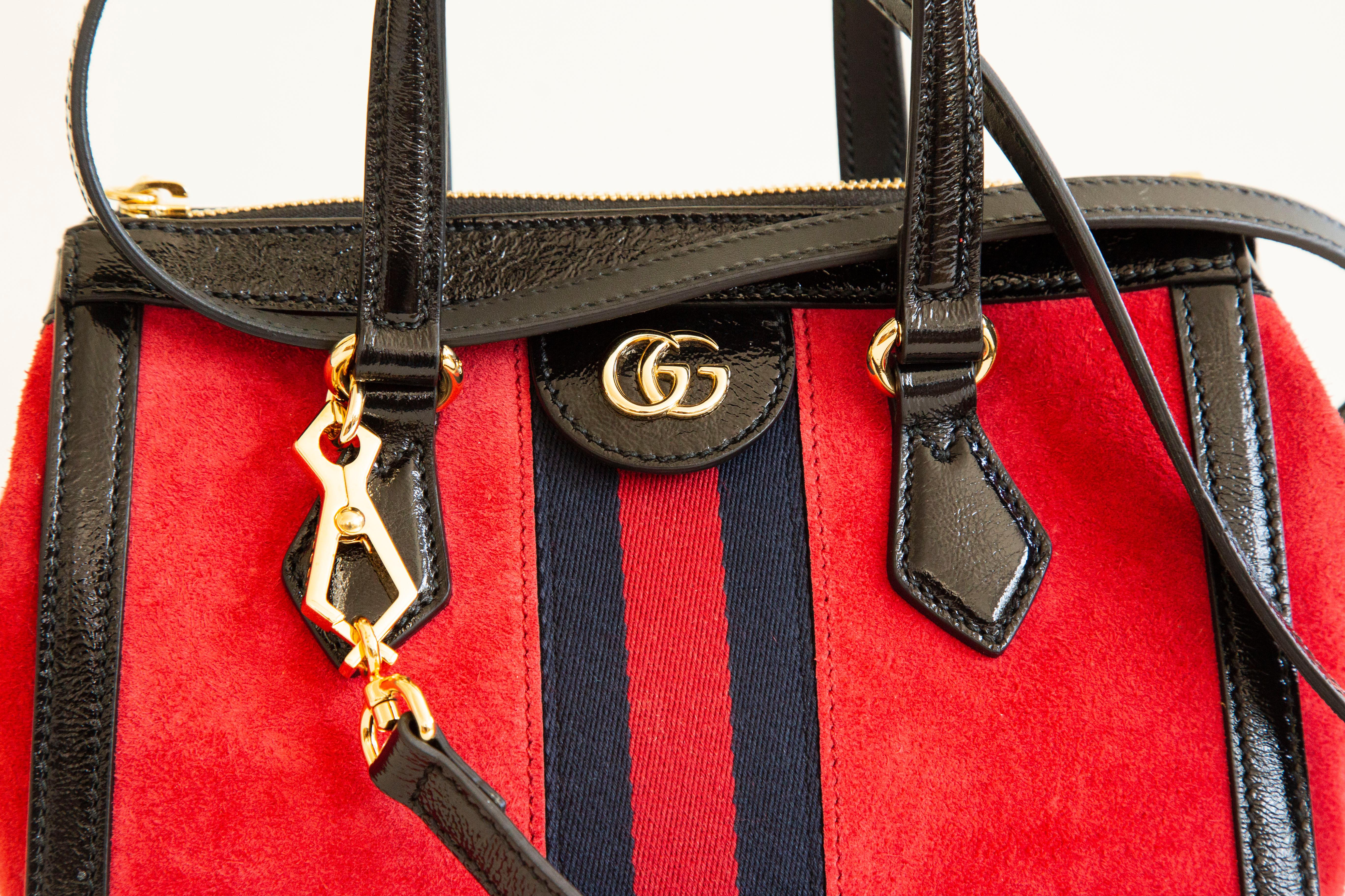 Gucci Ophidia Small Two-Way Tote in Red Suede and Black Glossy Leather Trim 8