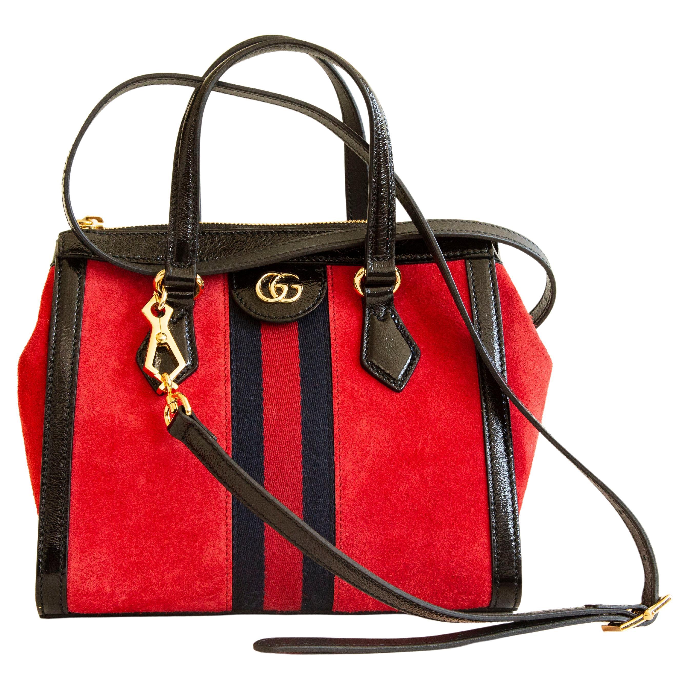 Gucci Ophidia Small Two-Way Tote in Red Suede and Black Glossy Leather Trim