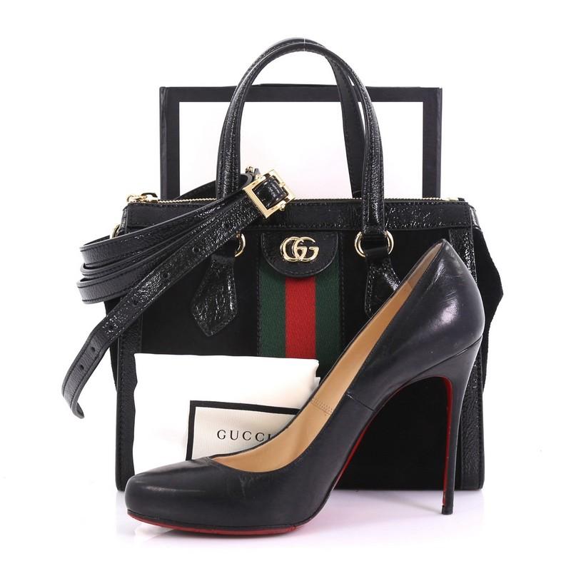 This Gucci Ophidia Top Handle Bag Suede Small, crafted in black suede, features dual flat handles, web strap detailing, and gold-tone hardware. Its zip closure opens to a pale pink microfiber interior with zip and slip pockets. **Note: Shoe