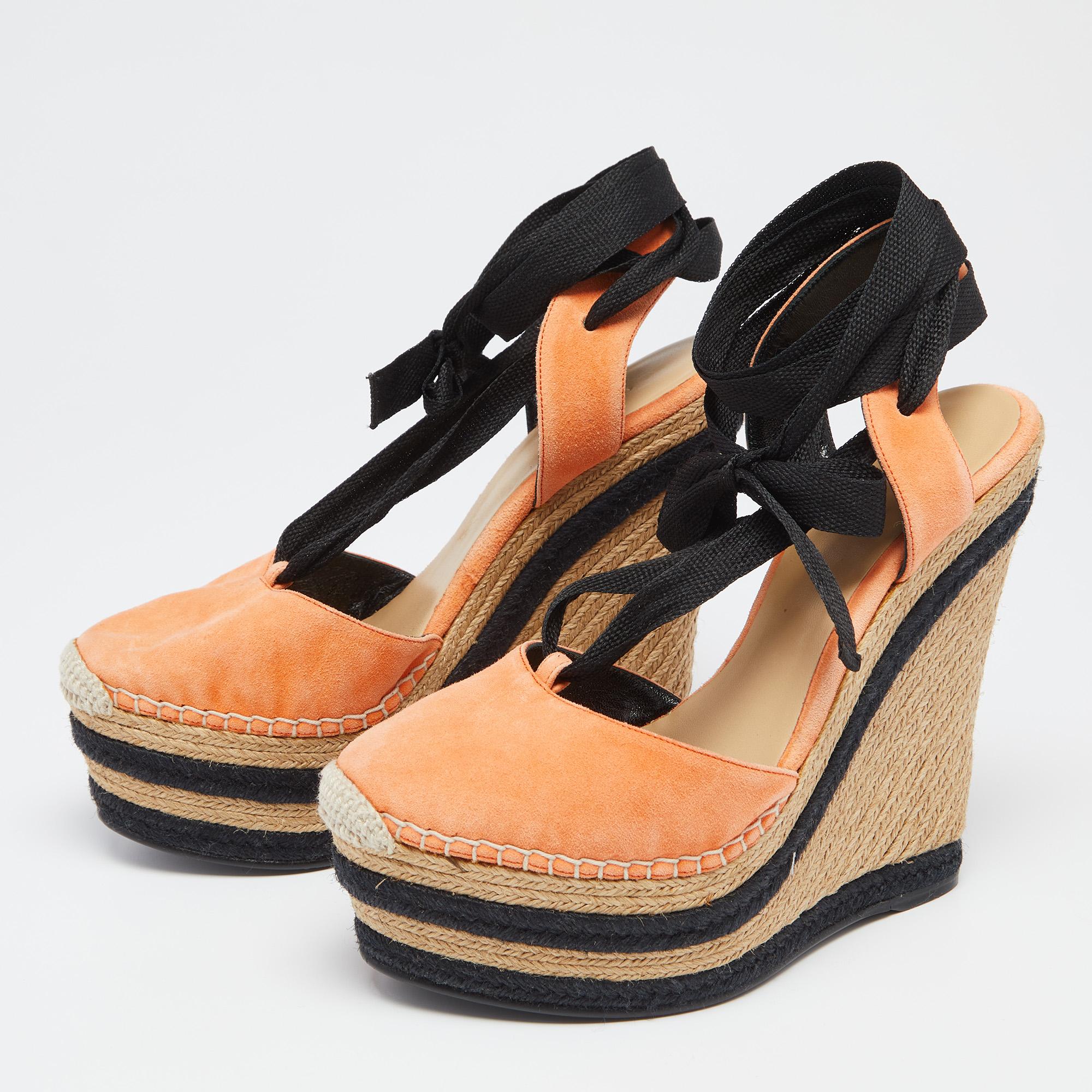 Beige Gucci Orange/Black Suede Wedge Espadrille Sandals Size 36