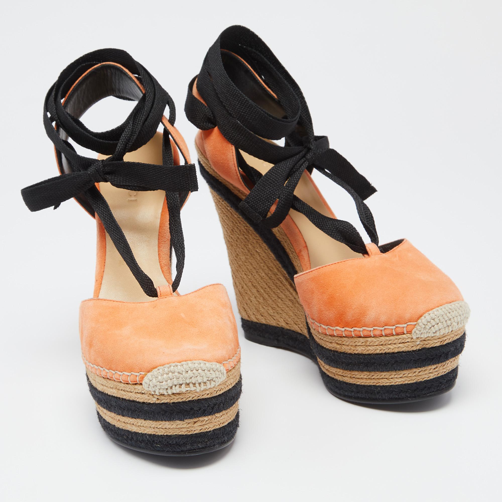 Women's Gucci Orange/Black Suede Wedge Espadrille Sandals Size 36