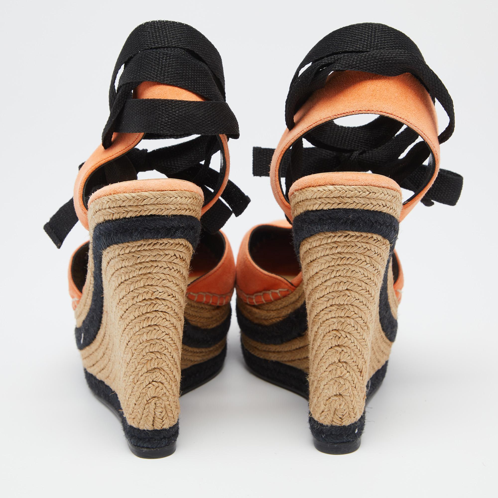 Gucci Orange/Black Suede Wedge Espadrille Sandals Size 36 2