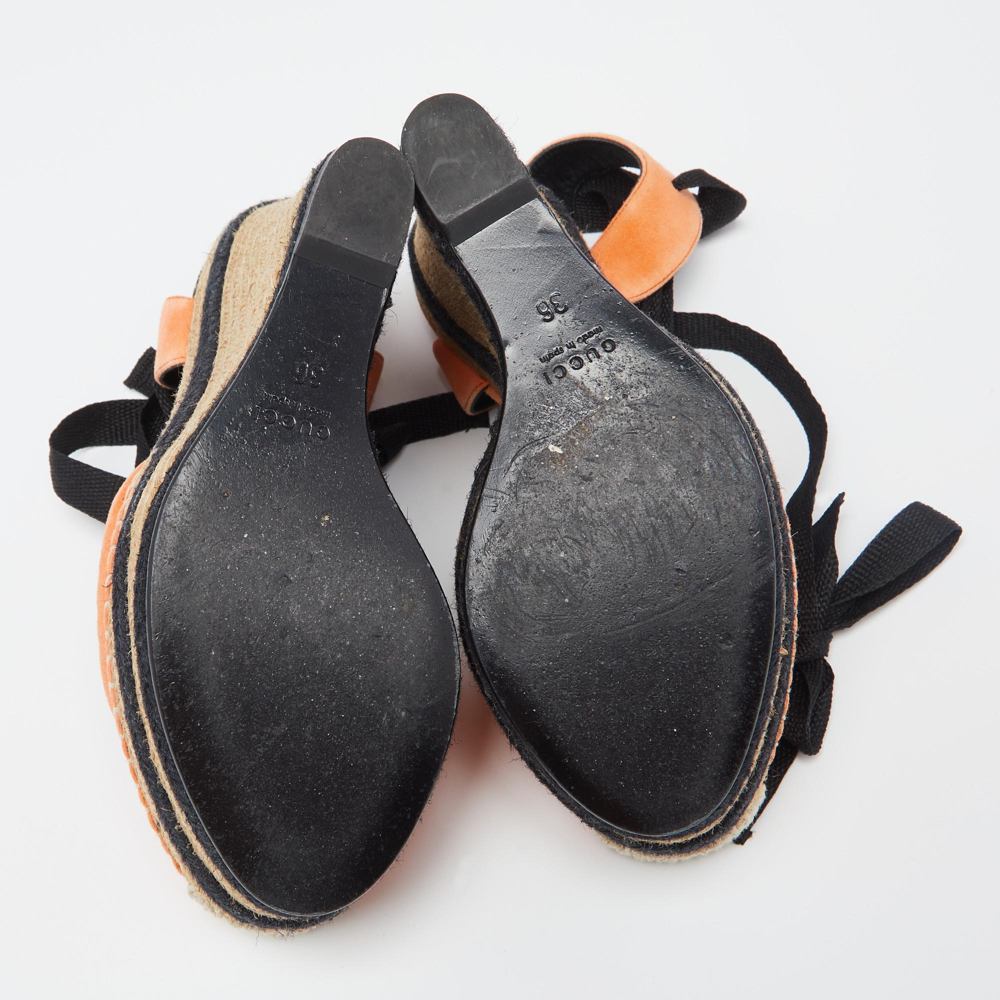 Gucci Orange/Black Suede Wedge Espadrille Sandals Size 36 For Sale 1