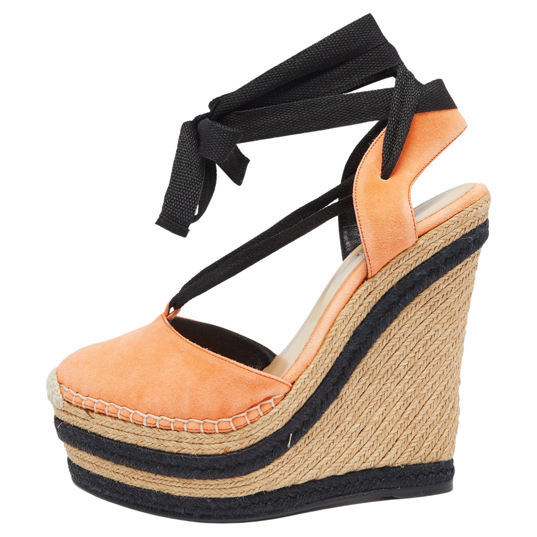 Gucci Orange/Black Suede Wedge Espadrille Sandals Size 36 For Sale