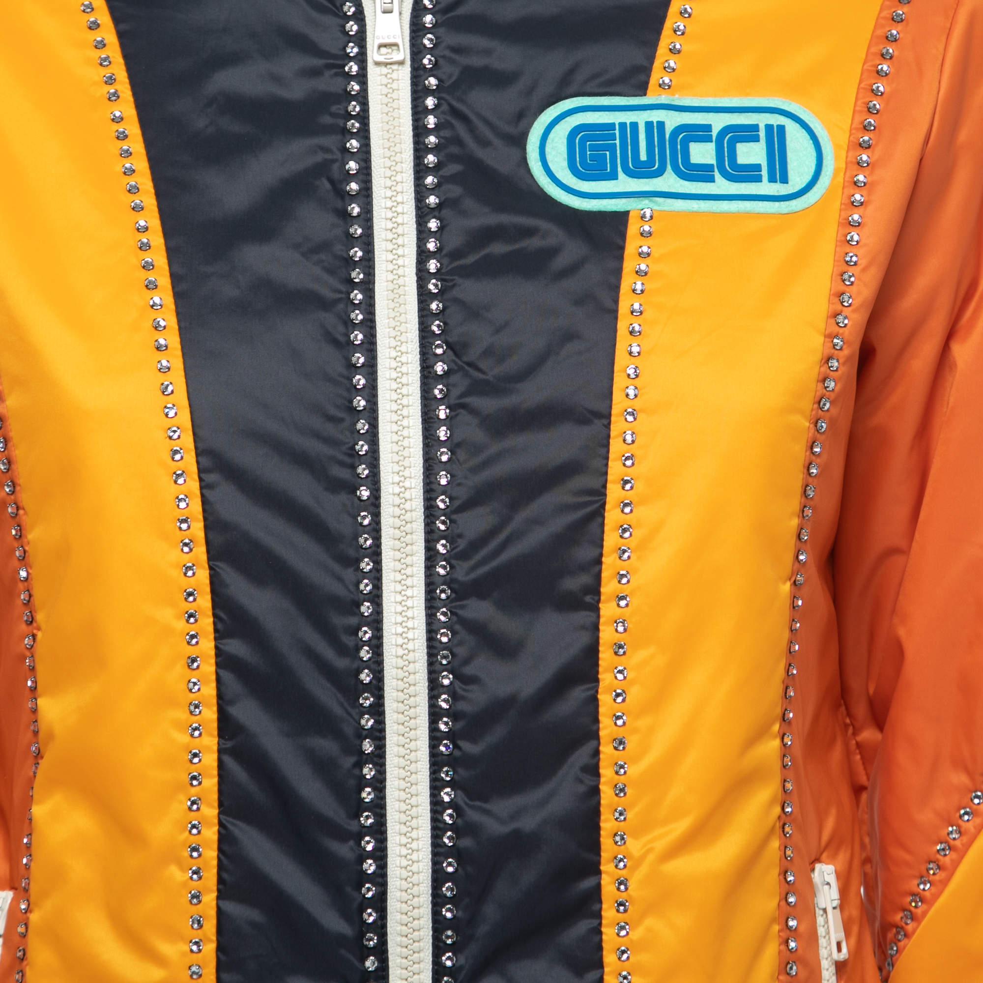 Women's Gucci Orange Crystal Embellished Striped Spiritismo Biker Jacket S
