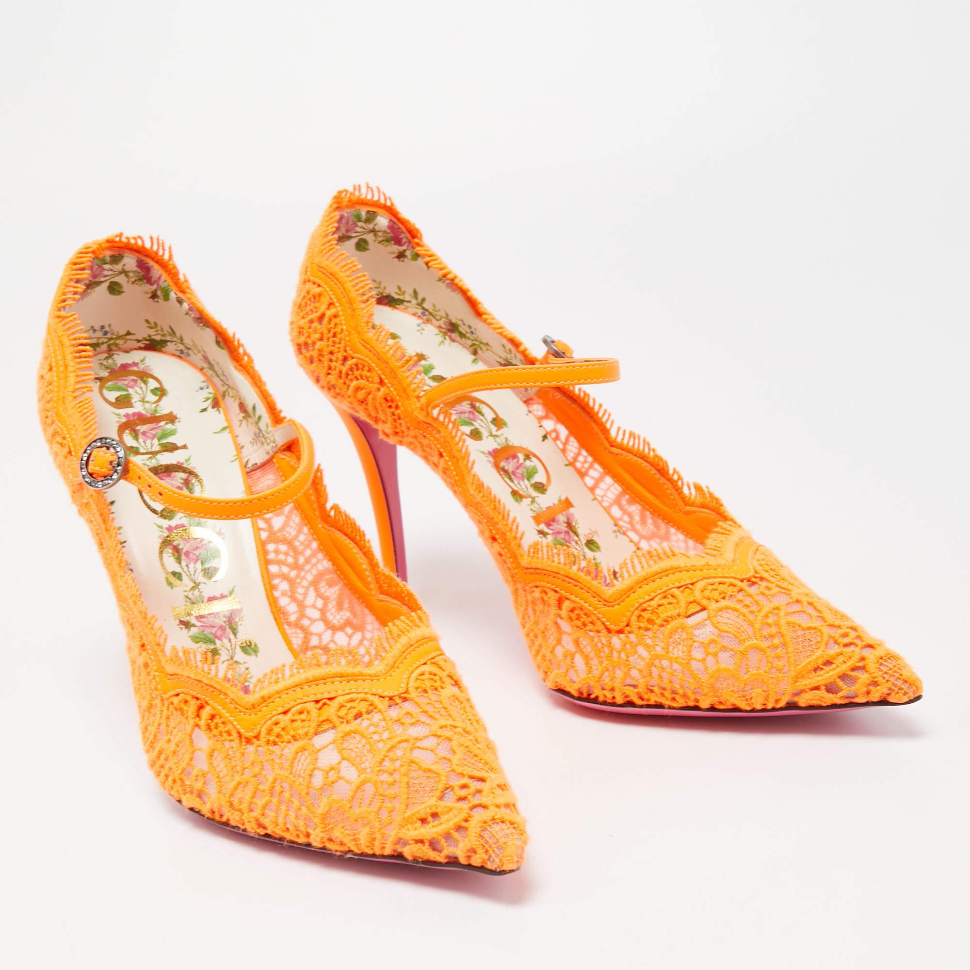 Gucci Orange Fabric and Leather Virginia Mary Jane Pumps Size 38 1