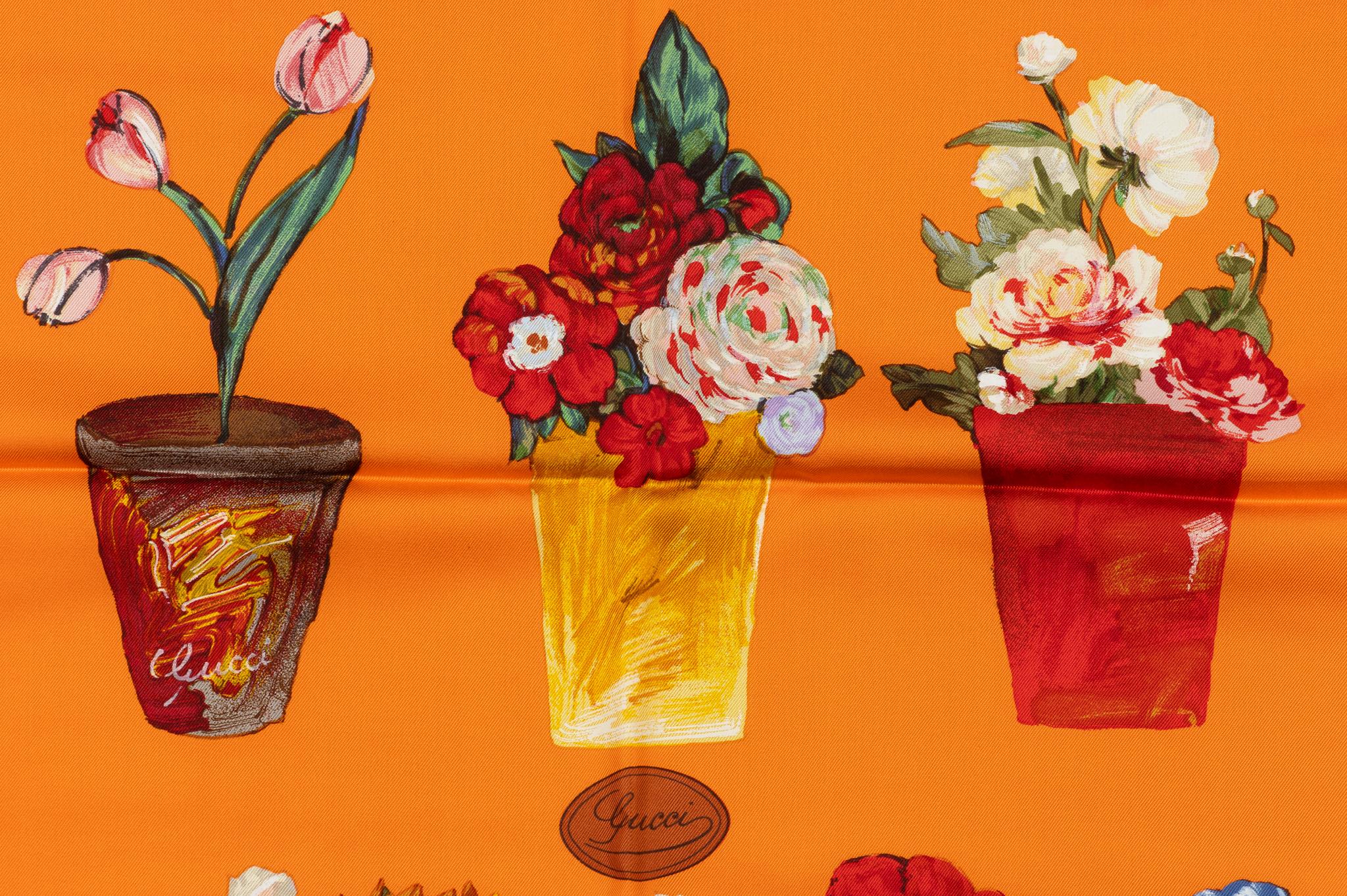 Gucci Orange Flower Vases Silk Scarf In Excellent Condition For Sale In West Hollywood, CA