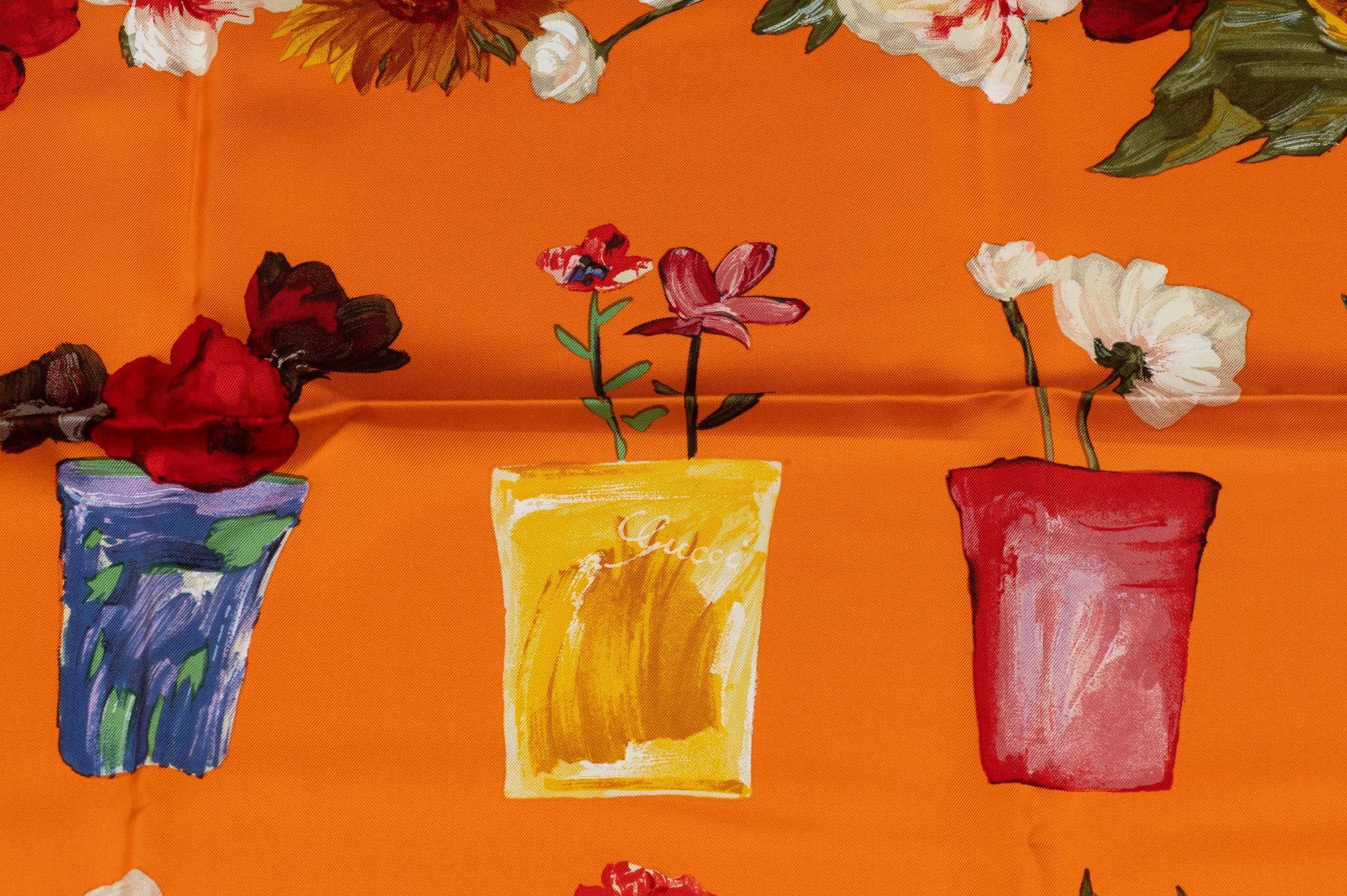 Gucci Orange Flower Vases Silk Scarf For Sale 1