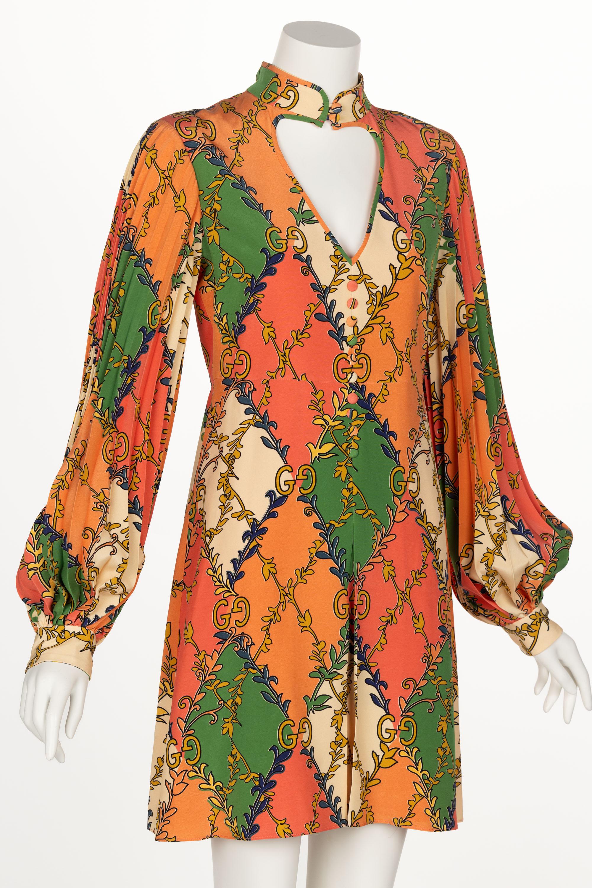 Gucci Orange Green Print Silk Mini Dress W Tags In New Condition For Sale In Boca Raton, FL