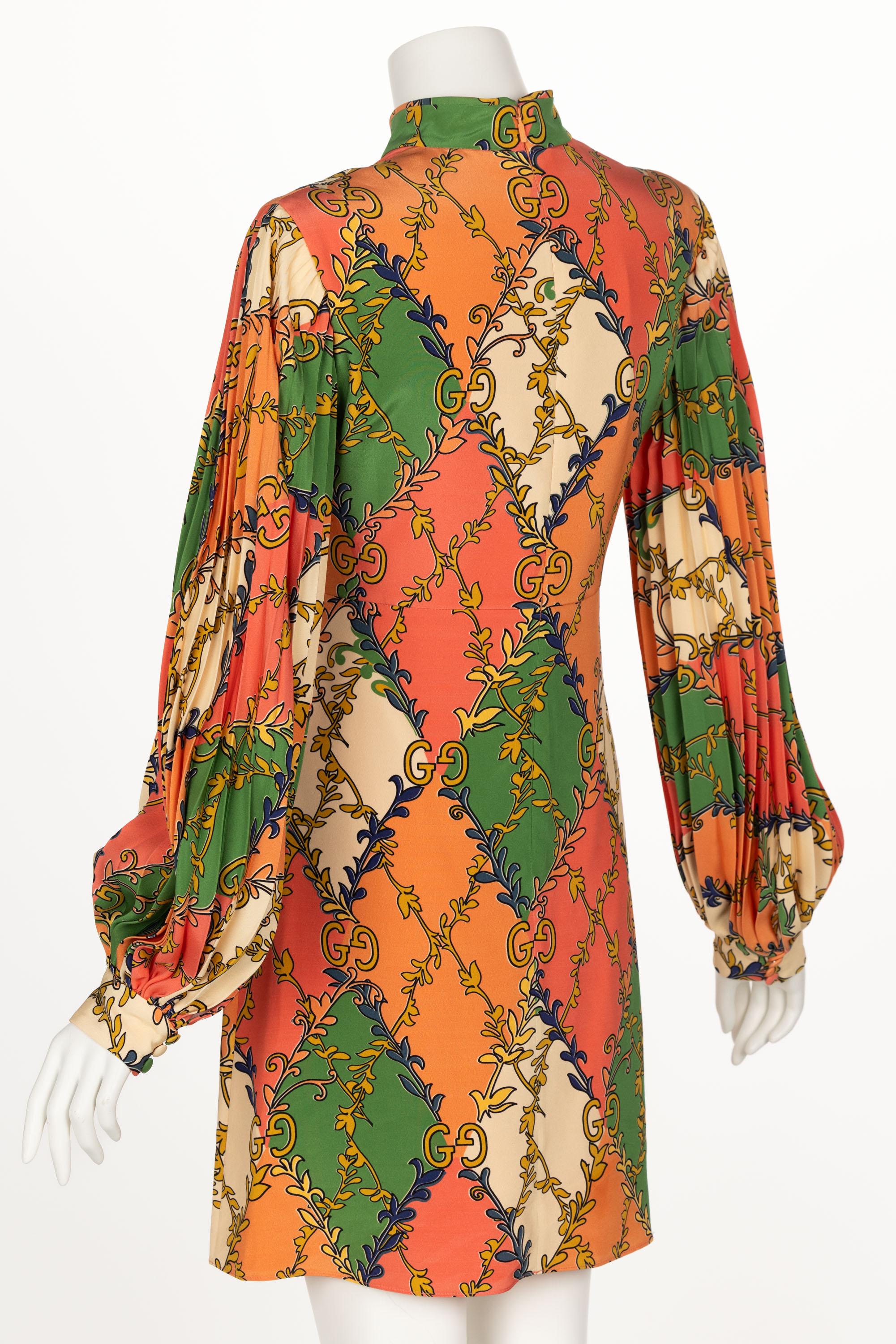 Women's Gucci Orange Green Print Silk Mini Dress W Tags