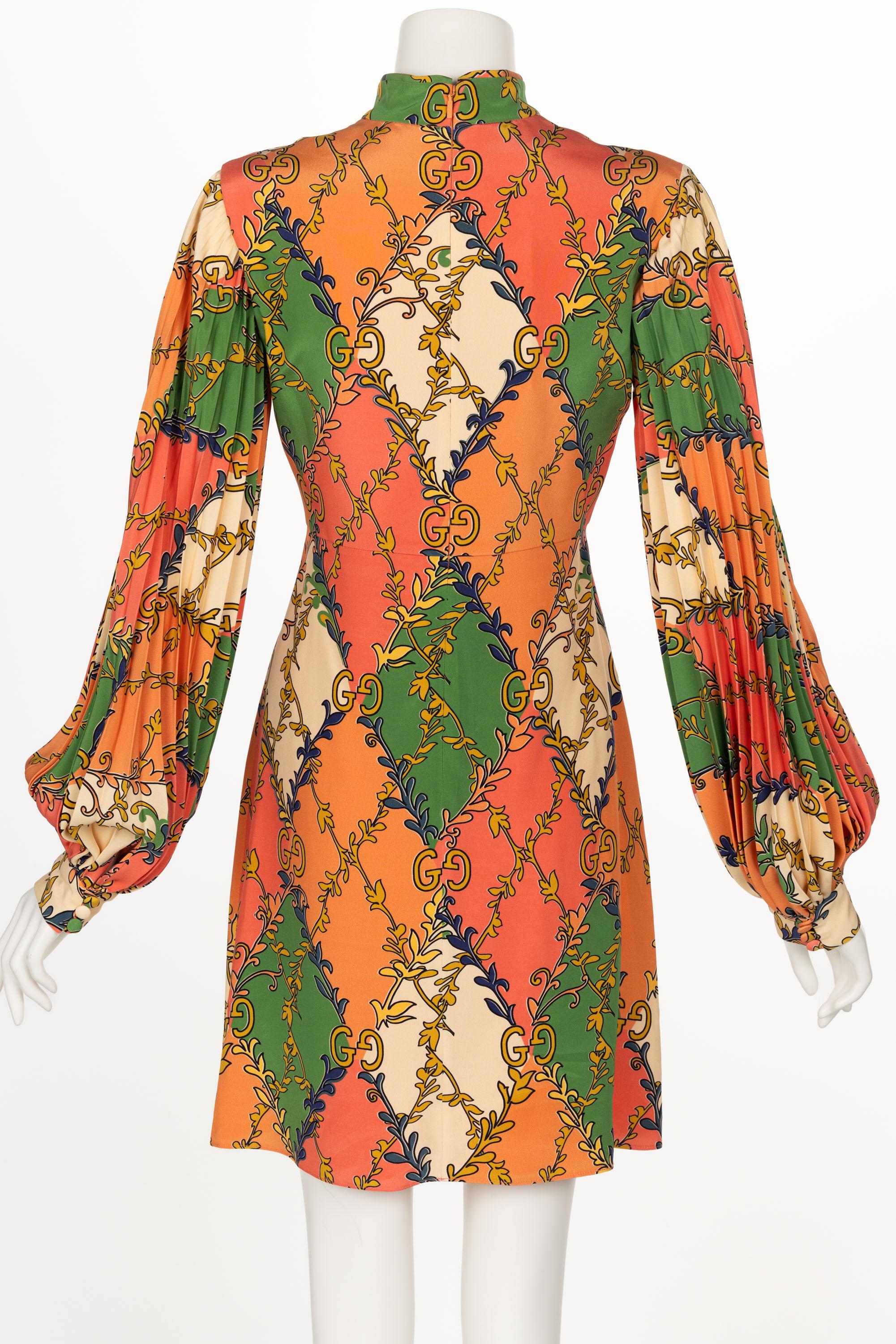Gucci Orange Green Print Silk Mini Dress W Tags For Sale 1