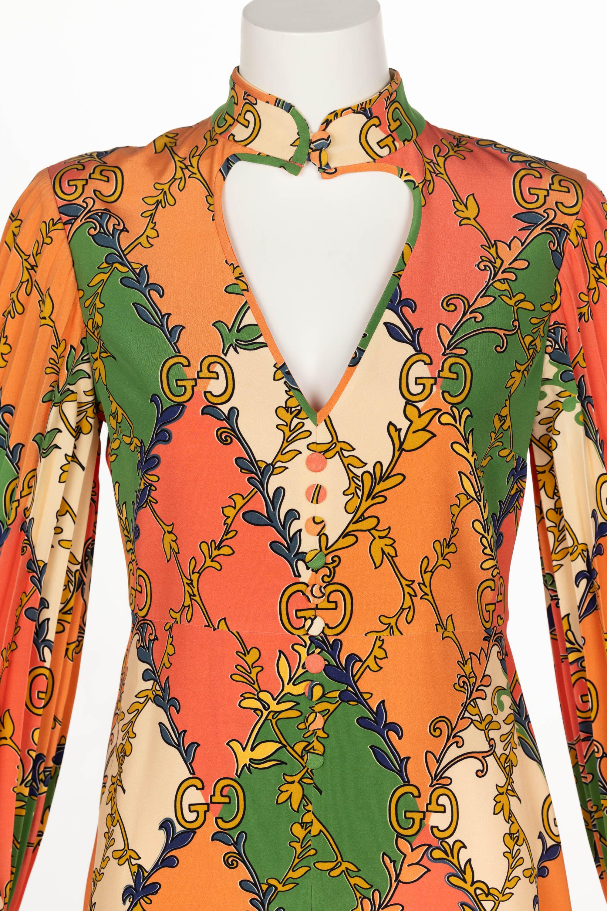 Gucci Orange Green Print Silk Mini Dress W Tags For Sale 2