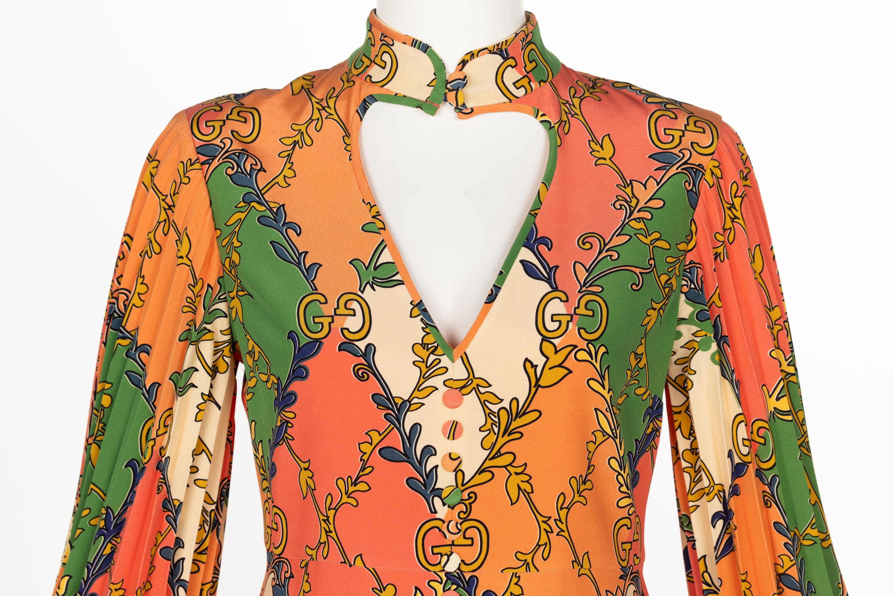 Gucci Orange Green Print Silk Mini Dress W Tags For Sale 3