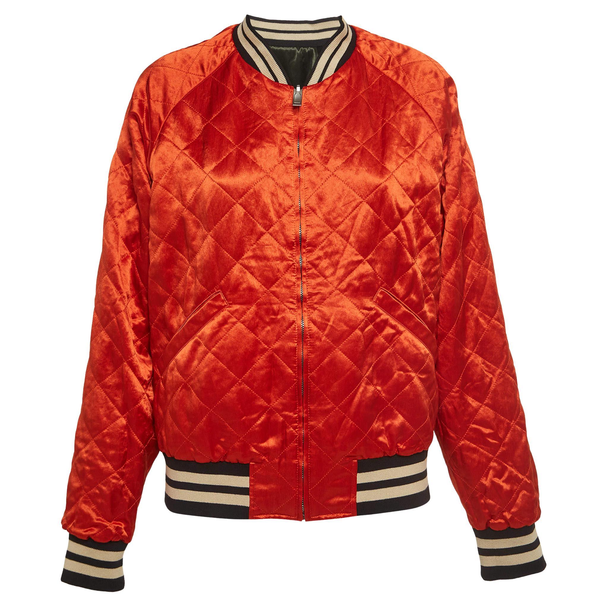 Gucci Orange/Green Quilted Satin Reversable Bomber Jacket XL For Sale