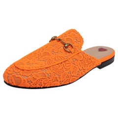 Gucci Orange Lace And Leather Princetown Horsebit Mules Size 40