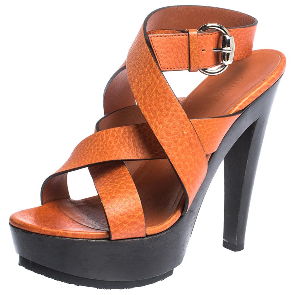 Gucci Orange Leather Cross Strap Platform Ankle Strap Sandals Size 38