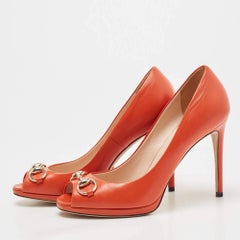Gucci Orange Leather Hollywood Horsebit Peep Toe  Pumps Size 37